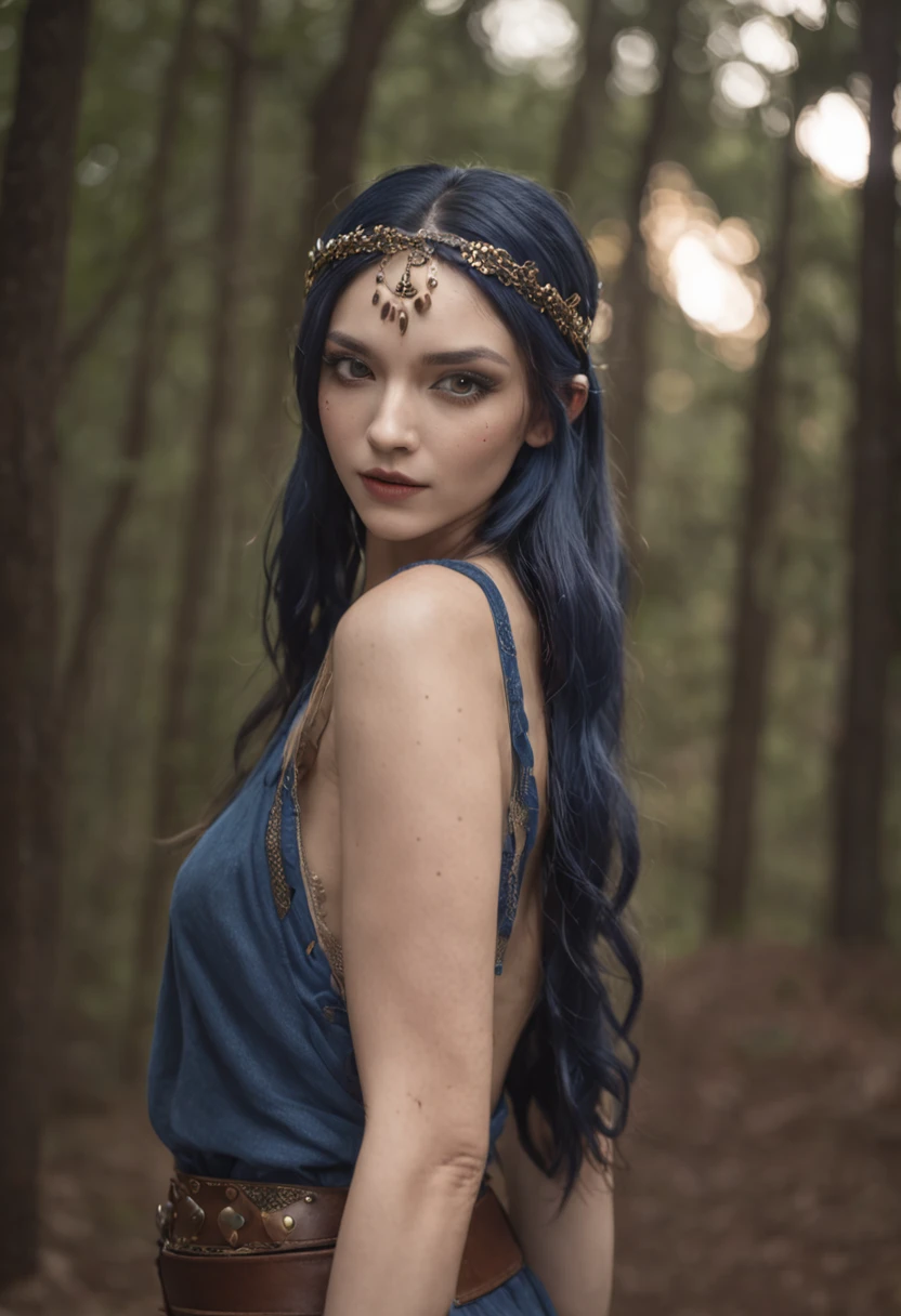 high quality half length portrait, RAW photo of european nymph, warrior, beautiful, attractive, very pretty face, accurate face, detailed face, jeweled headband, small breasts, long dark blue hair, hair blowing in the wind, brown eyes, heavy dark makeup, golden sandals, dancing in the moonlight, erotic, sensual, forest, ((night)), filtered moonlight, (glowing silver skin texture), detailed textures, soft focus, low light, muted colors of night, short depth of field, bokeh background, arm band, bracelets, thigh band, neck chain, ultra high pixel detail, cinematic, intricate, cinematic light, realistic, movie scene, cinematic, high quality,e, full colors, incredibly detailed, 4k, 8k, erotic, gothic, bdsm,