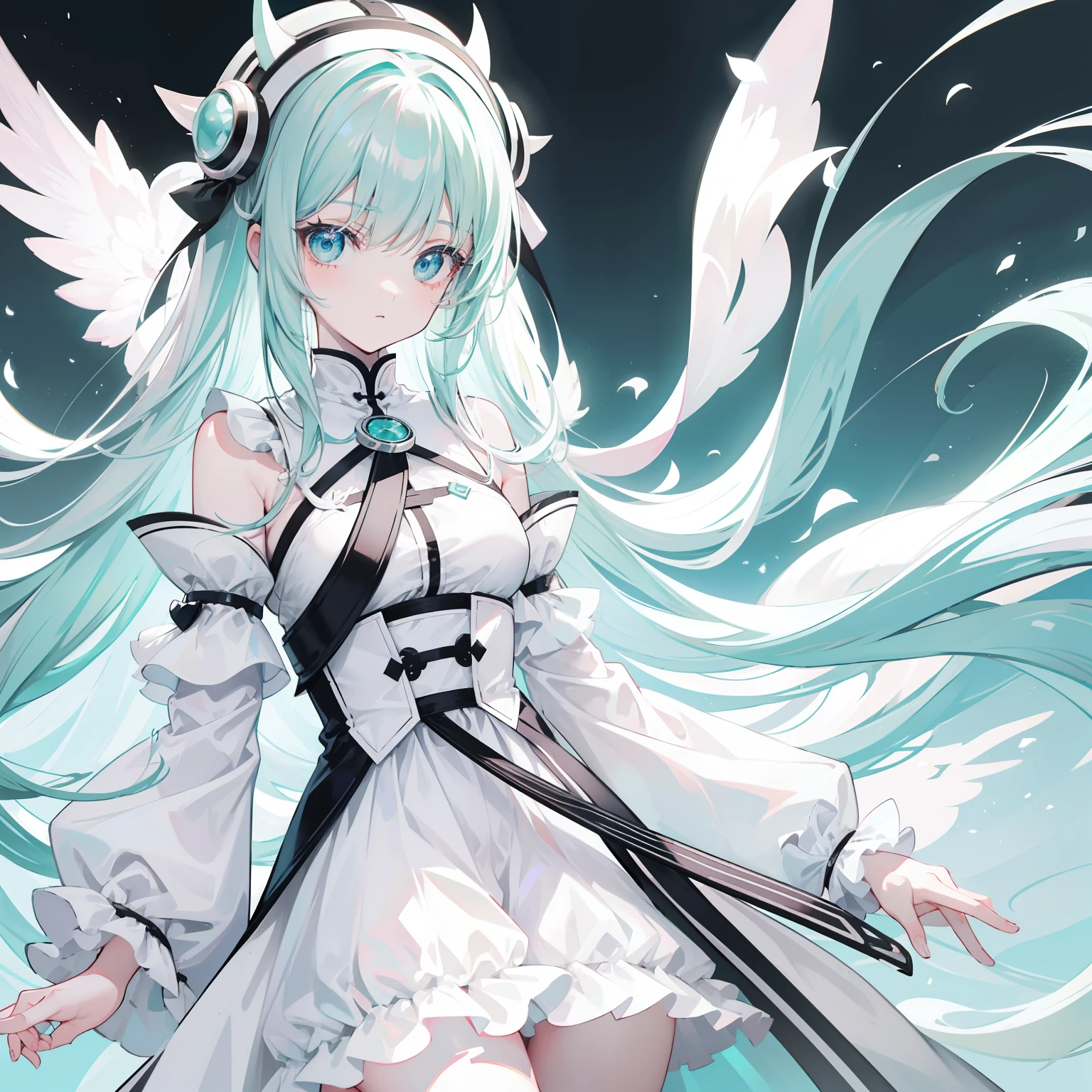 Long light pink green hair,light blue eyes,High black and white lotus-shaped collar,Black and white clothes,Cool and cute soft girl