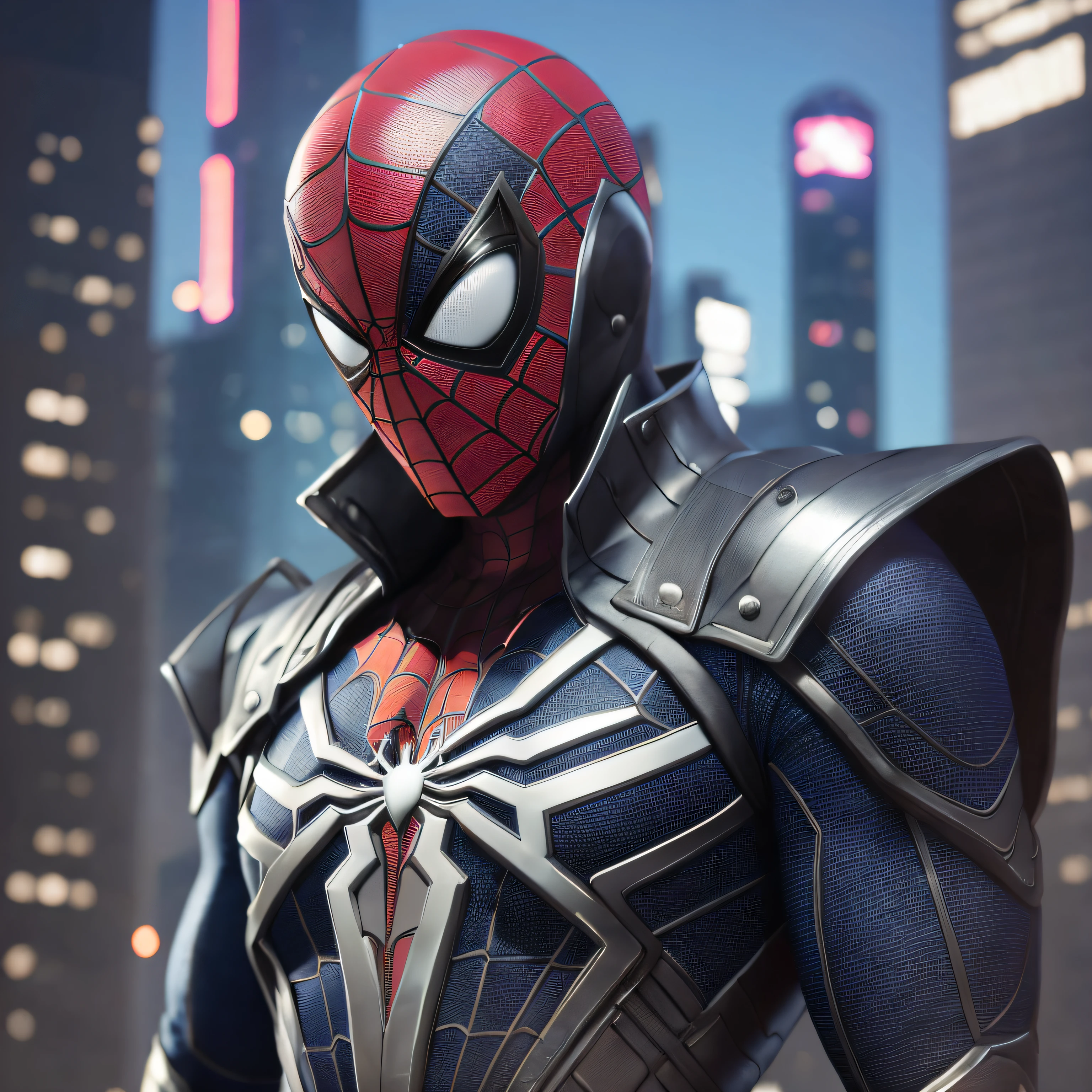 Aranha - Homem de terno com uma cidade ao fundo, ps5 cinematic screen capture, Ray Tracing ativado, Aranha altamente detalhada - Man, um hiper realista, foto de retrato, super detailed rendering, Raytracing ultra fotorrealista, medium close - up ( Mcu ), Armadura Samurai Completa Homem-Aranha, Retrato do Homem-Aranha, Estilo futurista Homem-Aranha, Raytracing hiper fotorrealista, Pedro Parker