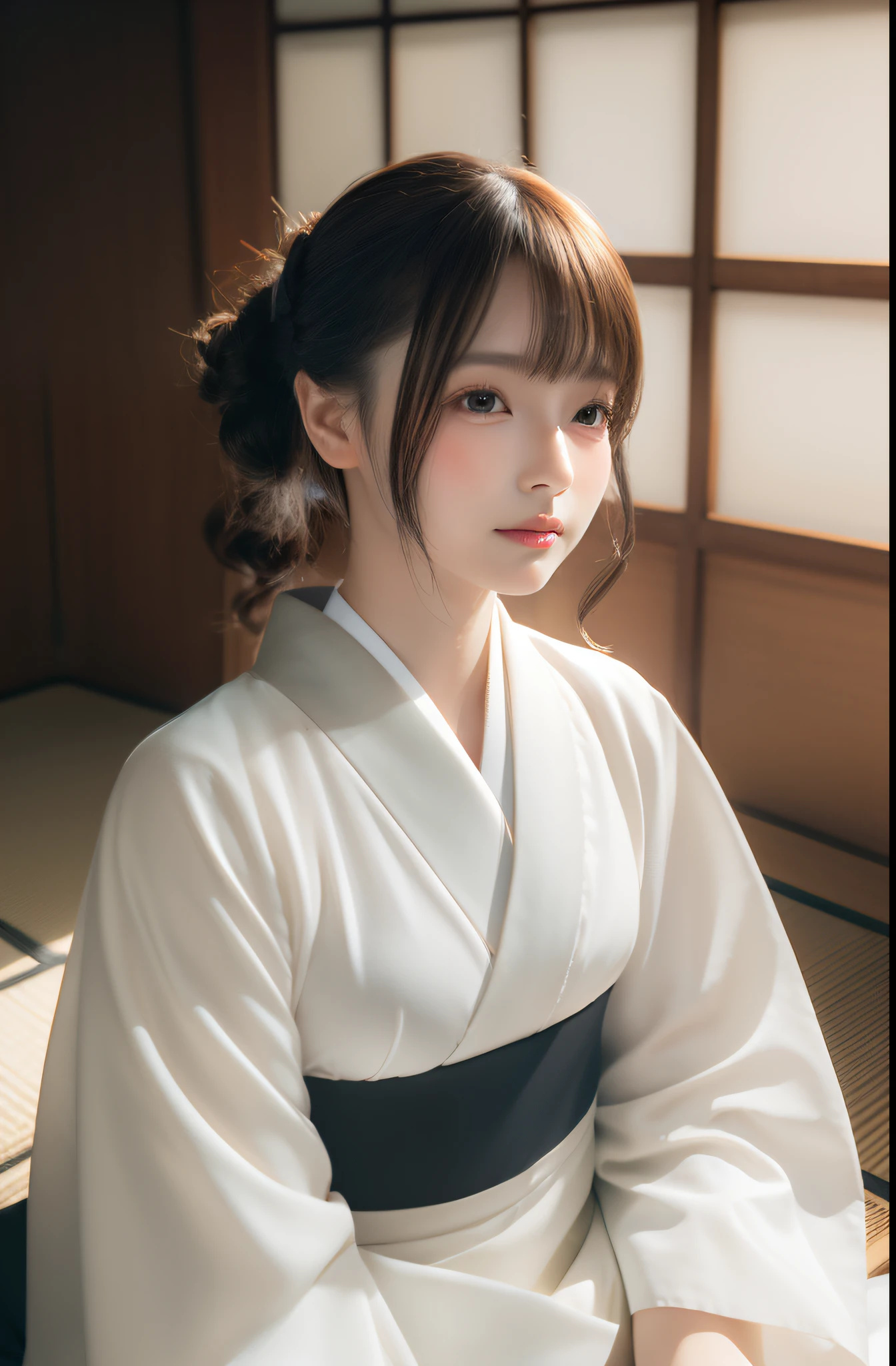(Photorealsitic:1.4), (Top image quality:1.0), (超A high resolution:1.0), 8K, RAW photography, (tmasterpiece:0.2), (PureErosFace_V1:0.5)、(best quality detail:1.2)、hentail realism、8K, Ultra HD、A high resolution、(1girl in:1.2)、The ultra-detailliert、High quality textures、intricately details、detaileds、Very detailed CG、High quality shadows、Detail Beautiful delicate face、Detail Beautiful delicate eyes、depth of fields、Ray traching,1girl in, japanaese girl, Cute, Slender, black kimono, kimono with Japanese pattern,Floral curls, Beautiful skin, facing the front there,Sit down, Sit up straight and say thank you,Align your hands gracefully,A faint smile on the land of Japan,Japanese Garden,Deluxe Japanese-style room, skyporn, magic hour, (Realistic:1.3), finely detailed, quality, (masutepiece:1.2), (Photorealistic:1.2), (Best quality), (Intricate details), Dramatic, Ray tracing, photographed, +Lola