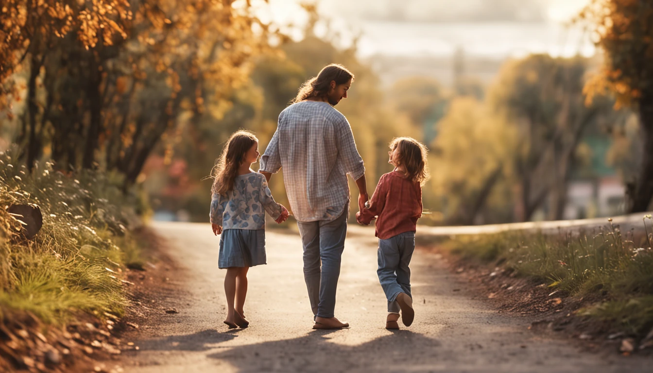 A detailed ilustration best quality, parents and two s hand on hand, they face to face happy, on the right of the road, with tree around, real photo, family near camera