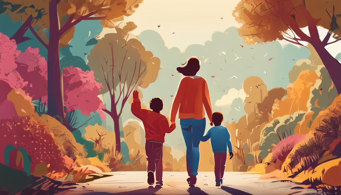 A detailed ilustration best quality, parents and two childs hand on hand, they face to face happy,  on the right of the road, with tree around, real photo, family near camera