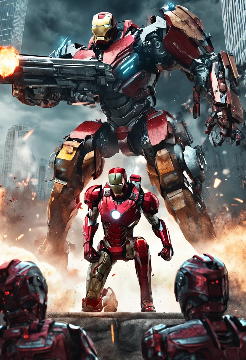 a warrior is shooting cyborg, gun, iron man, cyberpunk