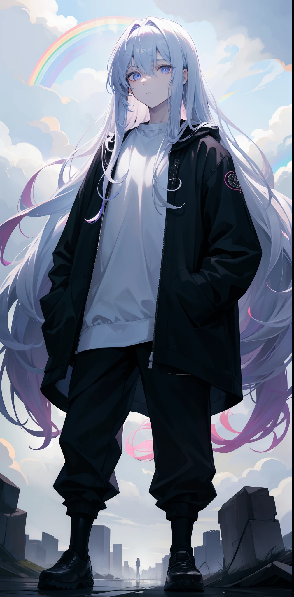 a man with long hair that resembles rolling clouds, rainbow eyes, aloof expression, solo, glowing eyes, dark lighting, baggy clothes, pale skin, hands in pockets