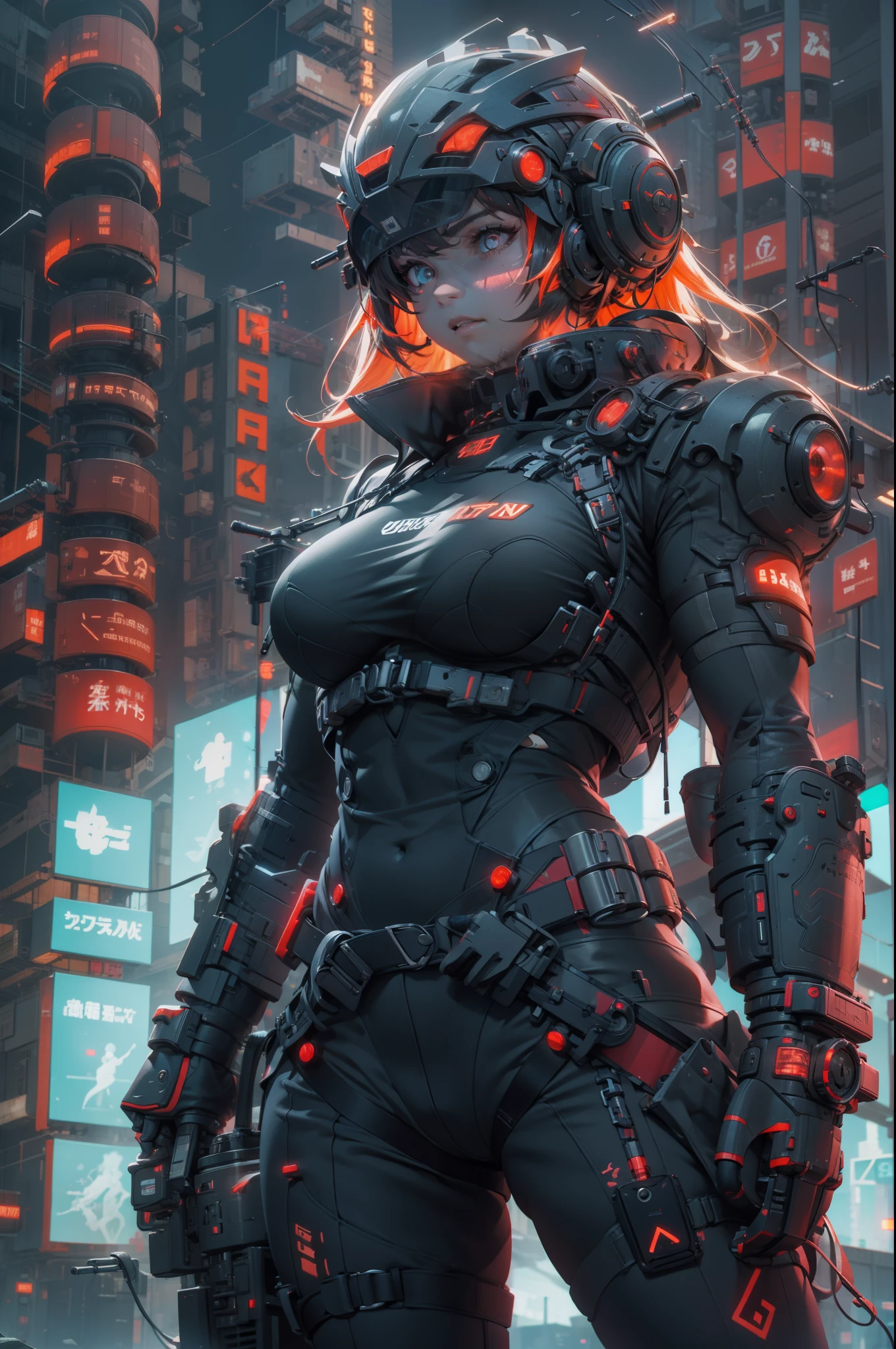 Muscle Special Forces Girl，eyes glowing,  Wearing black special forces equipment, Gun in hand, full bodyesbian, Shoot at knee level, Cyberpunk, neonlight, Futuristic, surrealist, Red，3D, Redshift, Maxon Cinema 4D, Quaixel Megascan rendering, Doomsday colors, Red light, Futuristic, 1/3, High detail, Ultra high quality, illusory engine, 8K,