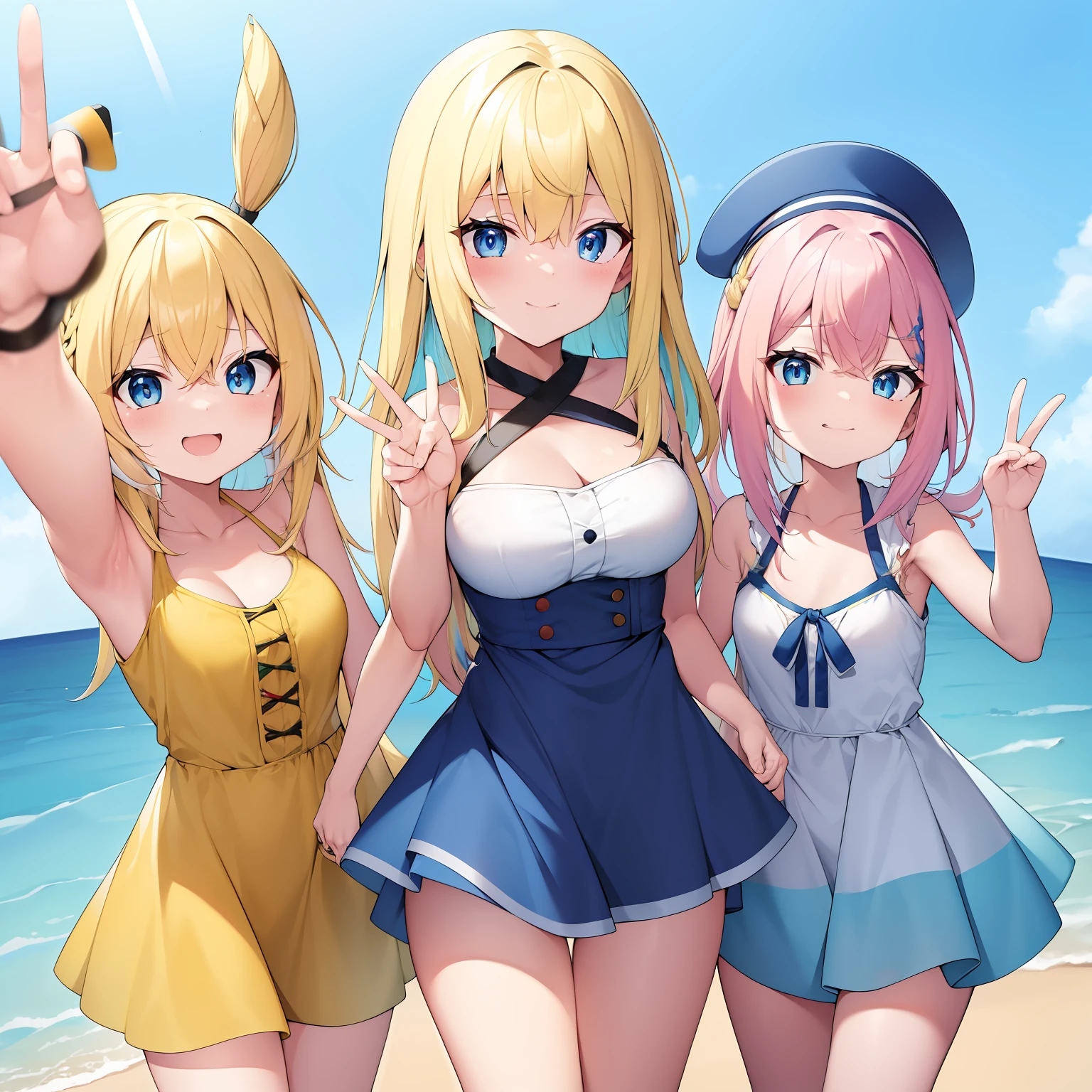 (multicolored hair+Blonde hair:1.3+Blue eyes:1.2), (floating dress), Peace sign with both hands, (thighs thighs thighs thighs), Large bust, Sea, Beach, Shooting from close distances、selfee、