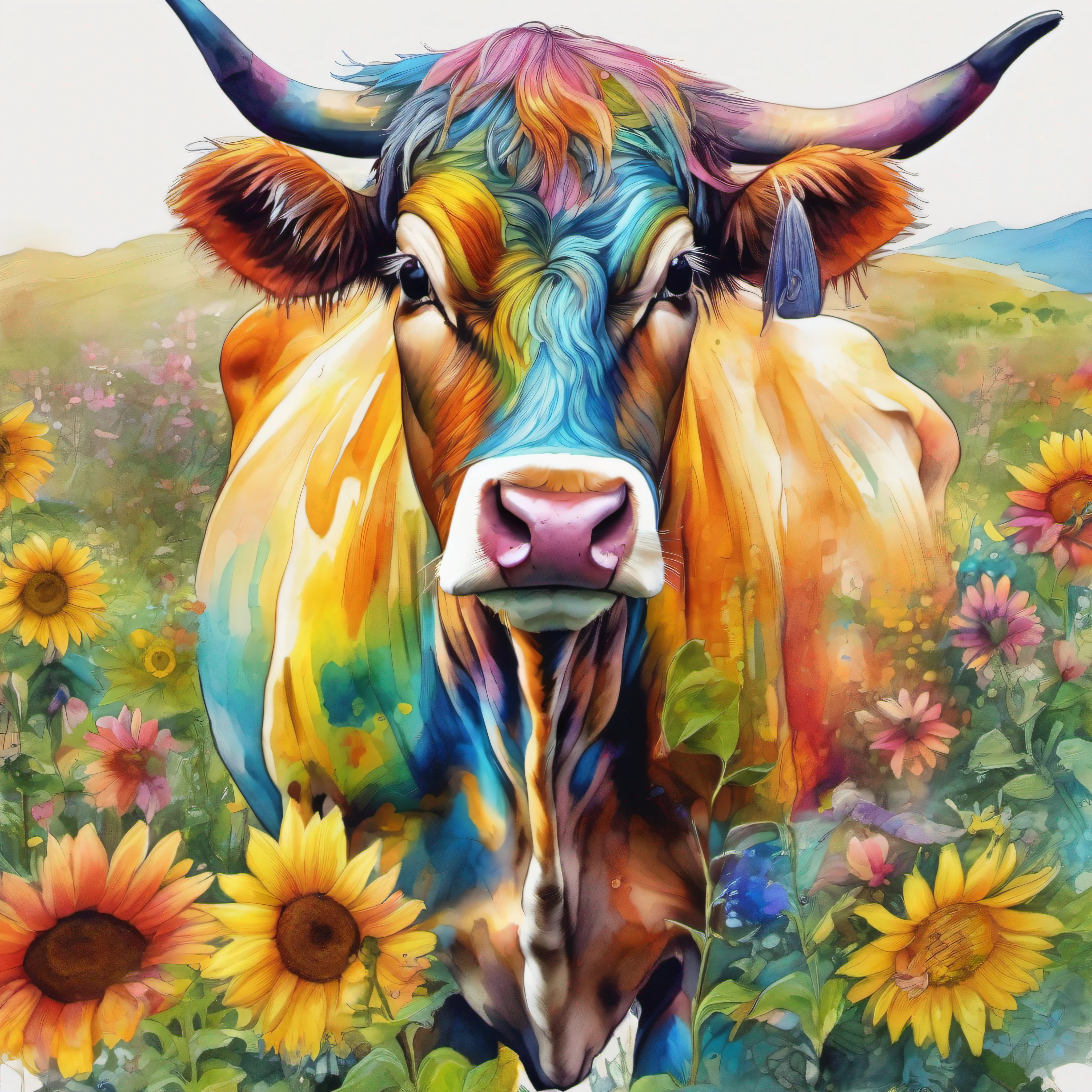 Draw an alpine cow with colorful ink on its face, painted in bright water colors, animal drawing, vibrant watercolor painting, Draw cute alpine cows, Sunflowers are worn on their heads,Stunning artwork, Surrealism with bright colors, plethora of colors,detail-rich, lovely digital painting, Amazing, digital art animal photo, colorful art, art of alessandro pautasso, watercolor detailed art