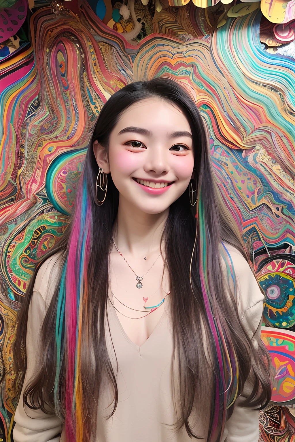 (extra detailed body、extra detailed face、best qualtiy:1.2)、femele、looking at the viewers、(White hair、sixteen years old、a smile、Big piercings、a necklace、hippy)、(Psychedelic wall on background:1.4)