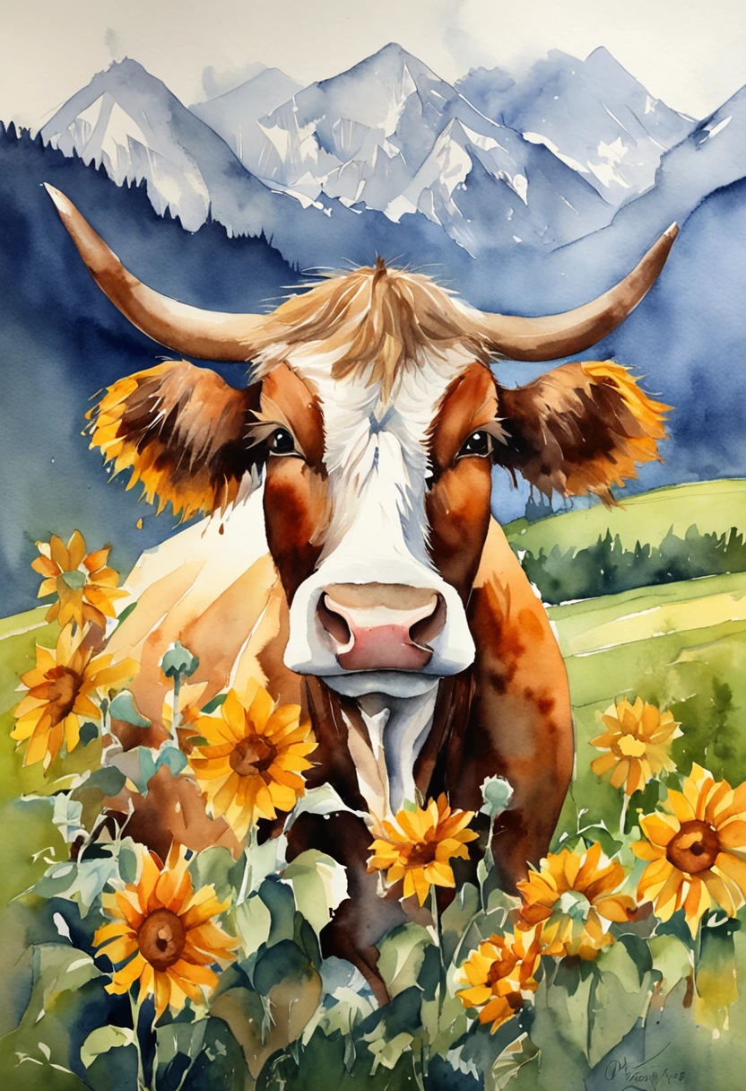 A cute alpine cow,Sunflowers are worn on their heads,Positive perspective