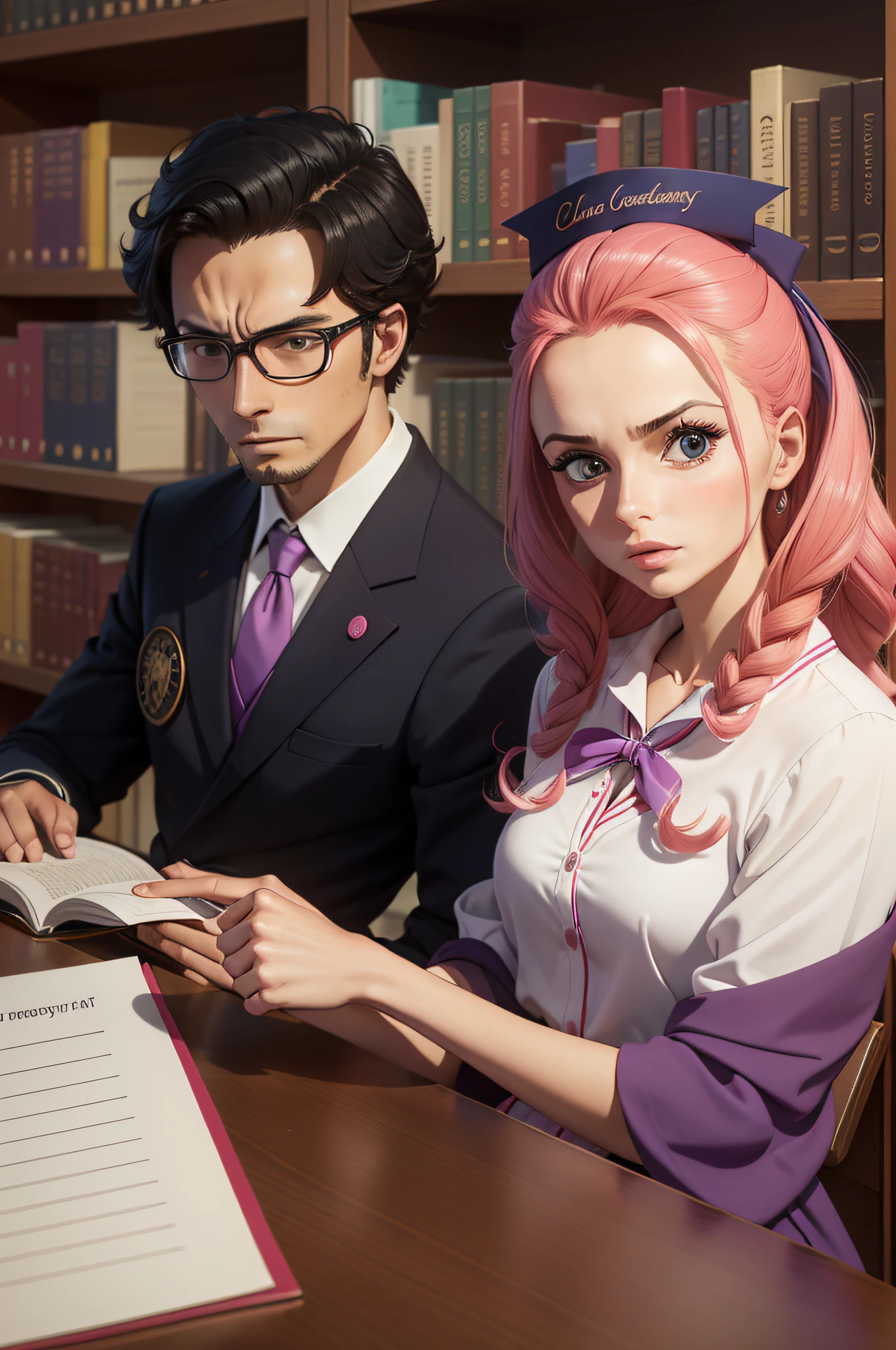 Serious postgraduate examination，A man and a woman are brightly colored，Study carefully in the library，On the head is a ribbon written with the word "graduate school"