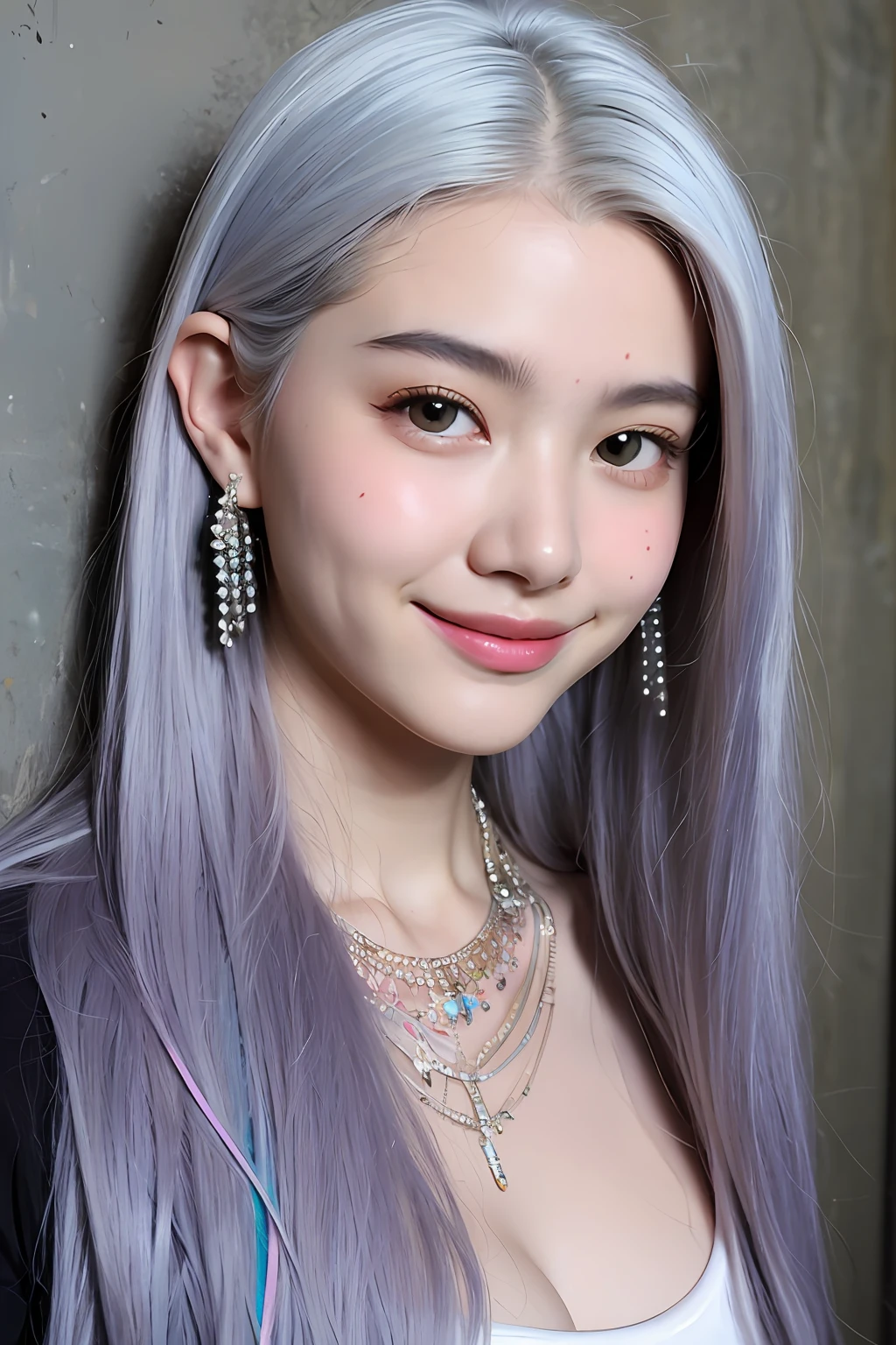 (extra detailed body、extra detailed face、best qualtiy:1.2)、femele、(White hair、a smile、、hippy、Big necklace、piercings)(Psychedelic Wall:1.4)