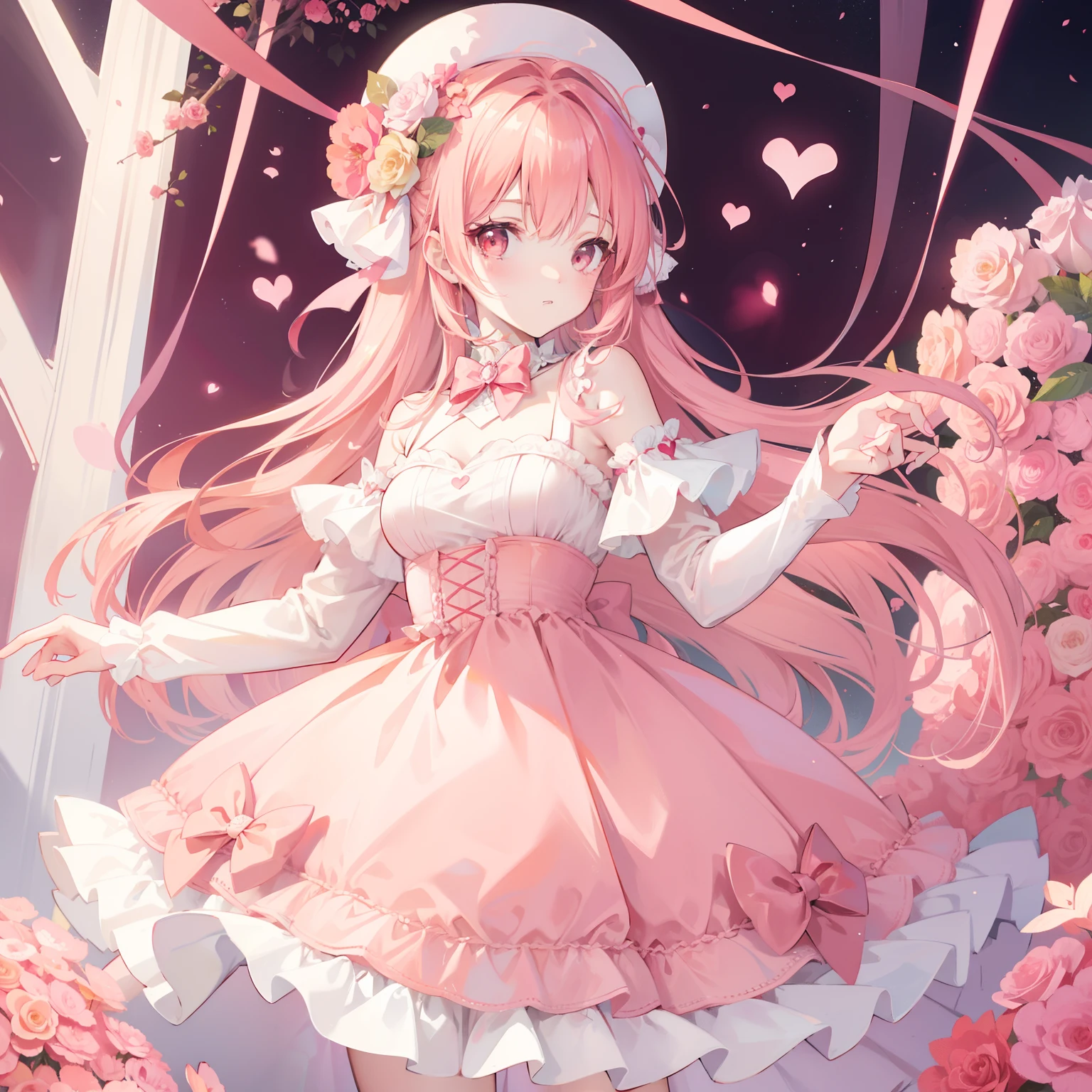 Apricot pink hair,Rose-red eyes,A dress that matches light yellow with pale pink,Pink love heart decoration,Cute sweet girl beautiful girl