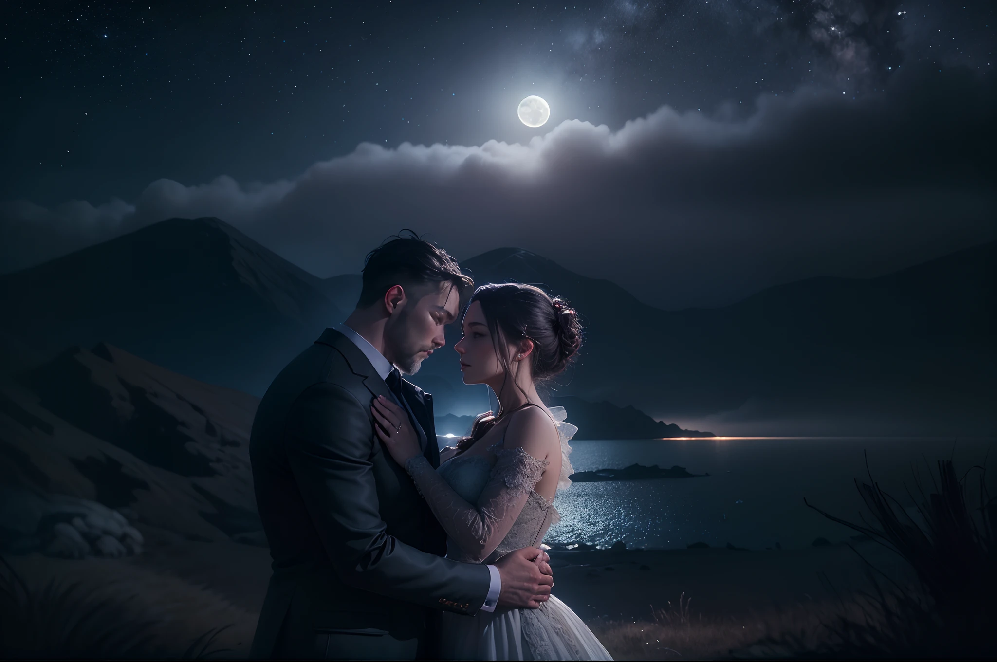 "Foto RAW, Melhor,master part, best quality, alta qualidade, extremamente detalhado,A fantastic photograph of a couple embracing in the moonlight, The landscape is dreamlike, with amazing views, hyper-realistic, detalhes intrincados, altamente detalhado, Film style, award-winning photography"