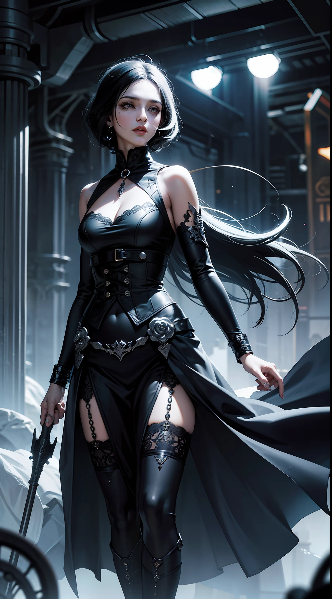 Beautiful woman in intricate Retro-Futuristic Gothic Outfit