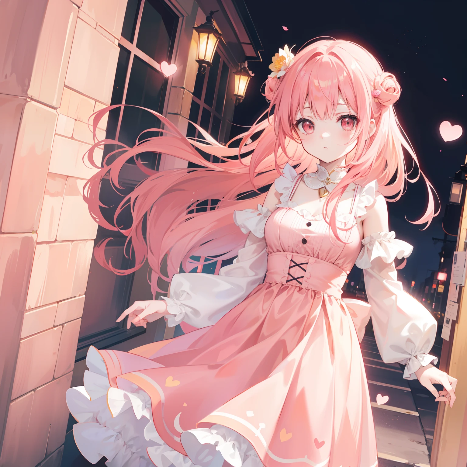 Apricot pink hair,Rose-red eyes,A dress that matches light yellow with pale pink,Pink love heart decoration,Cute sweet girl beautiful girl