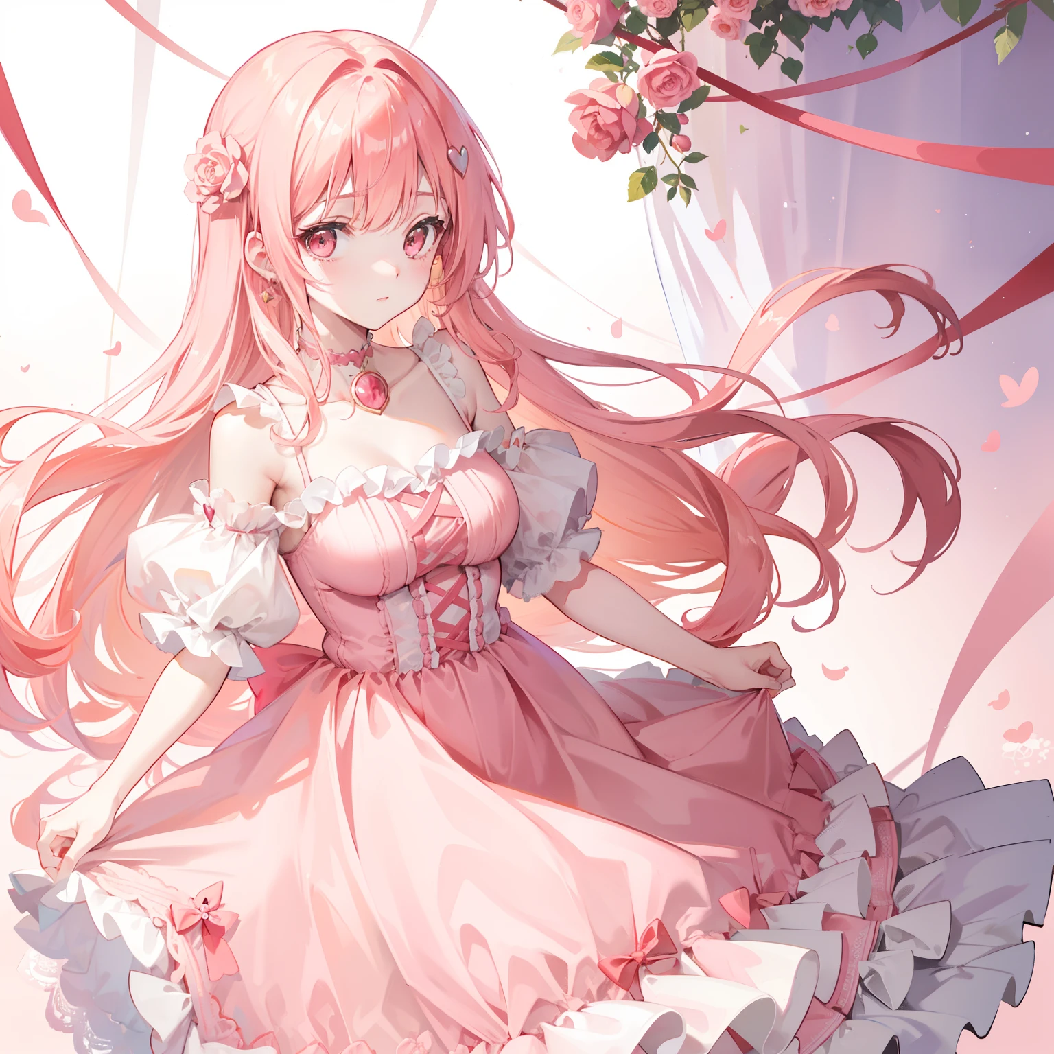 Apricot pink hair,Rose-red eyes,A dress that matches light yellow with pale pink,Pink love heart decoration,Cute sweet girl beautiful girl