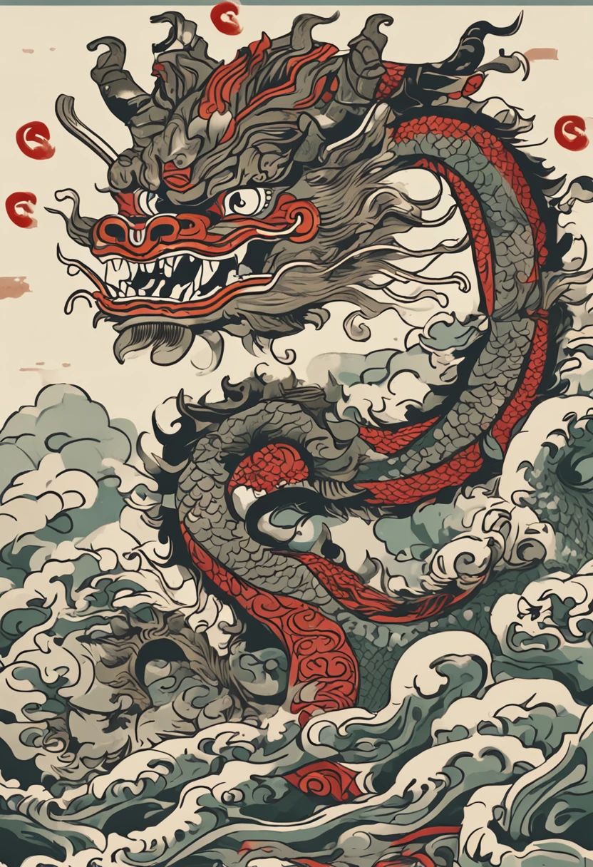 a traditional japanese monster mask japanese dragon face, in the style of catherine nolin, light brown and gray, mural painting, xu bing, dark green, animated gifs, east asian ink-and-wash painting