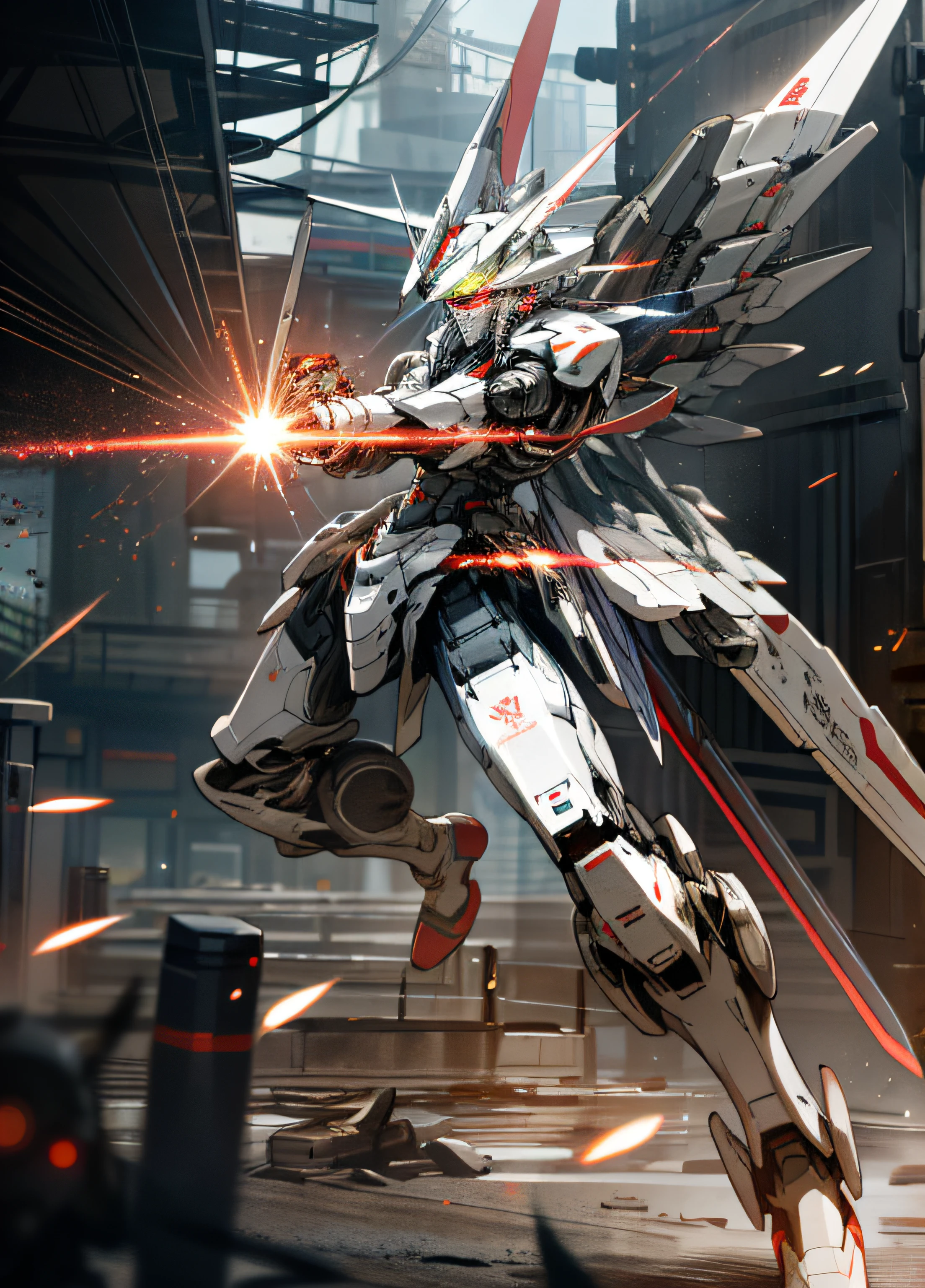 the ground,arma,holding_weapon,no_humans,with light glowing,droid,buliding,glowing_eyes,mecha,Magic,城市,Realistis,mecha,Up,White armor,Red flash,Laser cannon,wings,Planes