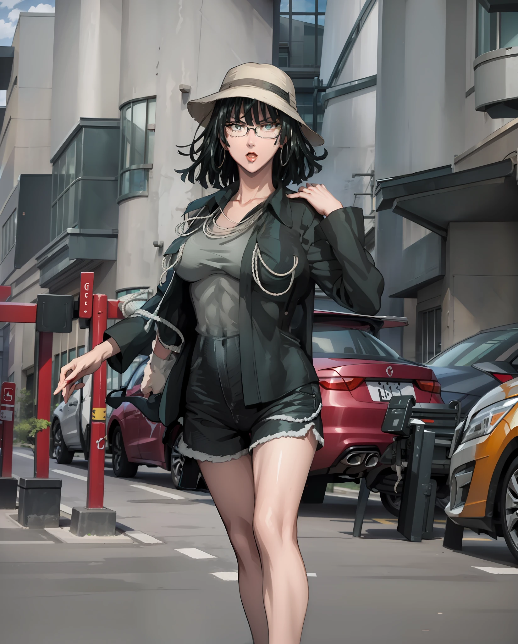 Girl, red lips, big nose, big tits, glasses, shorts hair, black hair colors, wearing earrings, wearing a necklace, fair skin, gray bucket hat colors, long sleeve levis shirt, white shorts tank top colors, short black pants, sexy body, sexy girl, stand pose, elegant pose, beautiful girls, in outdoor, urban background, realistic, looking forward, five finger in hand, straight finger in hand