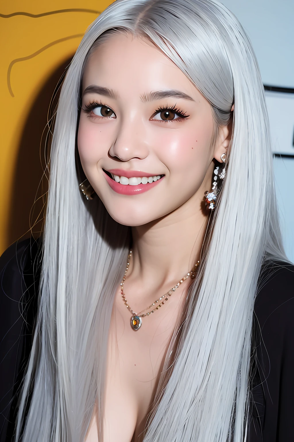 (extra detailed body、extra detailed face、best qualtiy:1.2)、femele、(White hair、a smile、、hippy、Big necklace、piercings)(Psychedelic Wall:1.4)