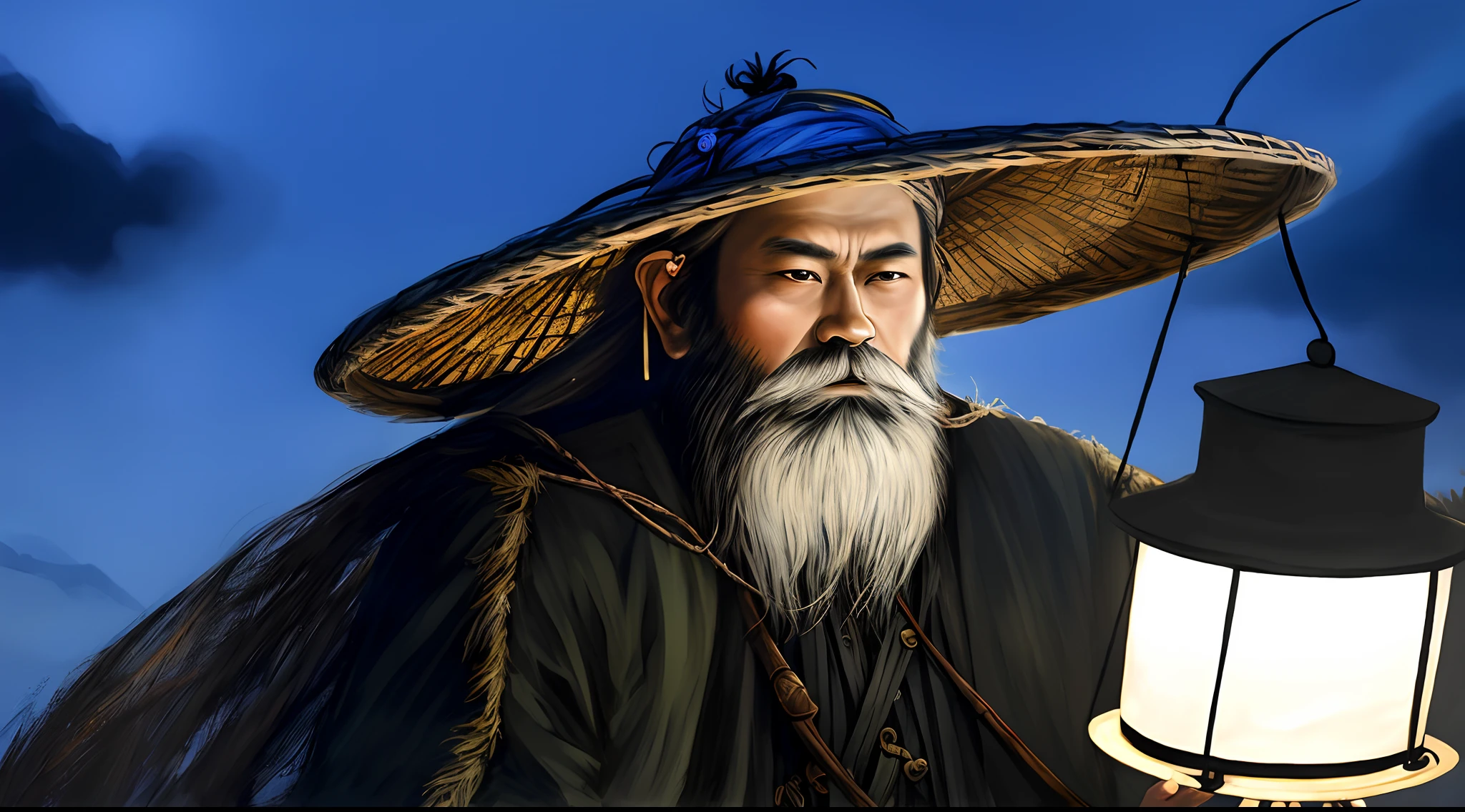 with a long beard,Arafeld man in a hat with a lantern, Inspired by Cao Zhibai, Inspired by Hu Zaobin, inspired by Lu Zhi, chinese artist, inspired by Dong Yuan, asian man, inspired by Gong Xian, inspired by Wu Daozi, portrait shooting, inspired by Kanō Naizen, digital painted