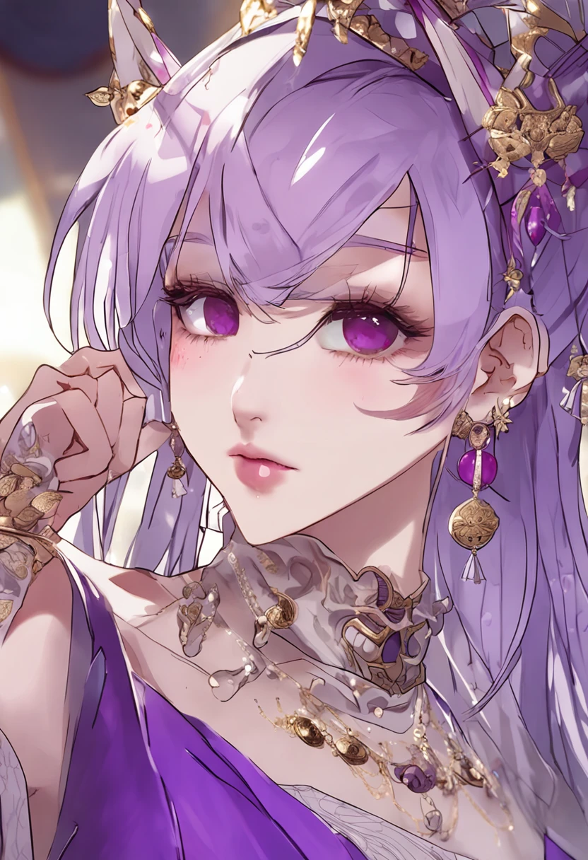1 scantily dressed, Thin purple silk shirt,There are many white patterns, white lace top, Long silver-purple ponytail, gorgeous hair accessory, Earring jewelry, Purple rabbit ears pale, Necklace jewelry, meticulously drawn large purple eyes, meticulous makeup, Thin eyebrows, High nose, Nice red lips, no smile, pursed lips, rosycheeks, Enlarged breasts, Huge breasts, Round a well-proportioned, Slim waist, purple mesh socks, chinese hanfu style, fictitious art textures, vivid and realistic colors, RAW photos, Real photos, ultra high quality 8k surreal photos, ( Magic light effect: 1.8), 10x pixel, Magic effects (Background): 1.8), Super detailed eyes, Girl all over, Girl Alone, ancient hanfu background, 8K quality, hyper HD, HDR10, Super sharp, Most detailed、The clearest picture, Bright colors, uniform lighting, Detailed dark background,
