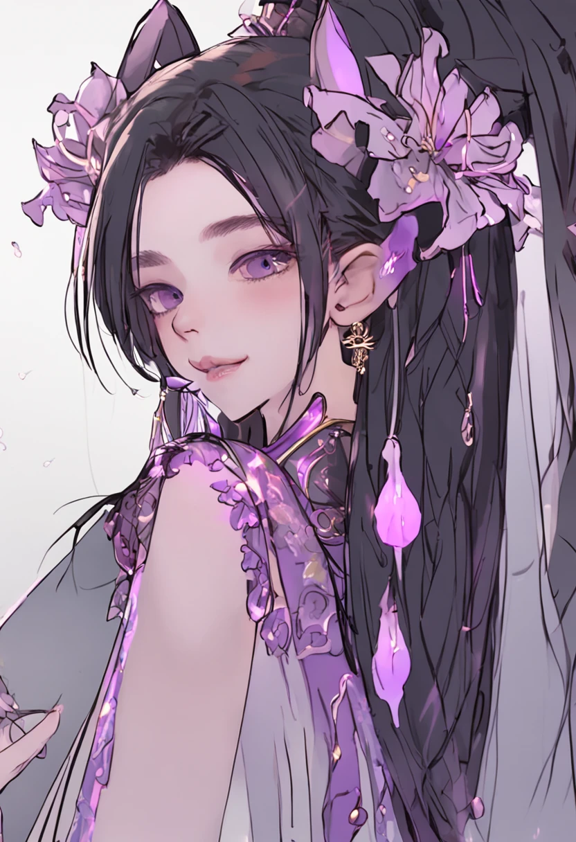 1 scantily dressed, Thin purple silk shirt,There are many white patterns, white lace top, Long silver-purple ponytail, gorgeous hair accessory, Earring jewelry, Purple rabbit ears pale, Necklace jewelry, meticulously drawn large purple eyes, meticulous makeup, Thin eyebrows, High nose, Nice red lips, no smile, pursed lips, rosycheeks, Enlarged breasts, Huge breasts, Round a well-proportioned, Slim waist, purple mesh socks, chinese hanfu style, fictitious art textures, vivid and realistic colors, RAW photos, Real photos, ultra high quality 8k surreal photos, ( Magic light effect: 1.8), 10x pixel, Magic effects (Background): 1.8), Super detailed eyes, Girl all over, Girl Alone, ancient hanfu background, 8K quality, hyper HD, HDR10, Super sharp, Most detailed、The clearest picture, Bright colors, uniform lighting, Detailed dark background,