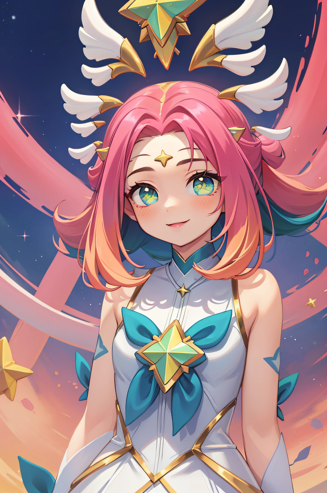 (Masterpiece:1.4), (best quality:1.2), star guardian neeko, 1girl, multicolored hair, dress, star guardian \(league of legends\), magical girl, tail, hair ornament, smile, upper body