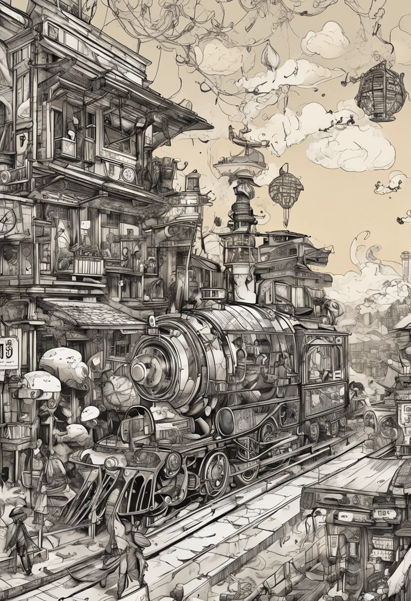​masterpiece、Detailed drawing、Detailed drawing、Smooth expression、Beautiful expression、Japanese Steampunk、Pretty Woman、Gears, clocks and piping、midday、steams、Vast space、high sky、High clouds、Balance of the whole body、zoomout、ink drops、Steampunk-style Japanese-style building、
