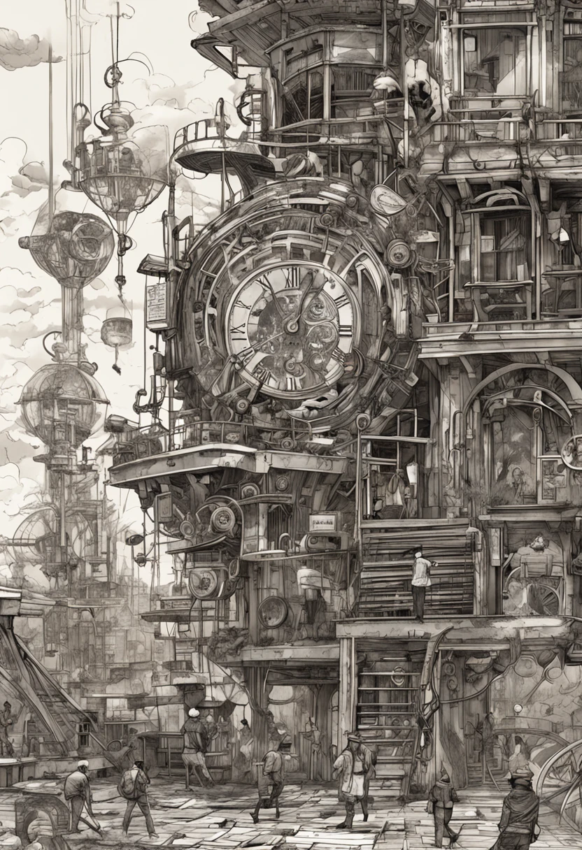 ​masterpiece、Detailed drawing、Detailed drawing、Smooth expression、Beautiful expression、Japanese Steampunk、Pretty Woman、Gears, clocks and piping、midday、steams、Vast space、high sky、High clouds、Balance of the whole body、zoomout、ink drops、Steampunk-style Japanese-style building、