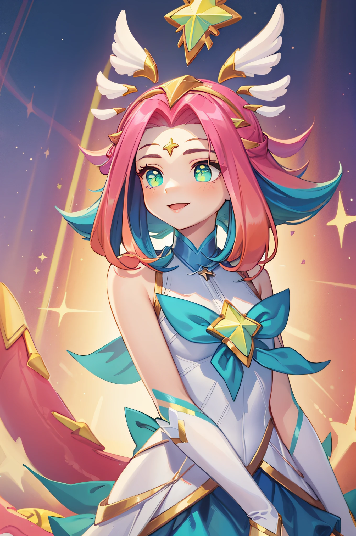 (Masterpiece:1.4), (best quality:1.2), star guardian neeko, 1girl, multicolored hair, dress, star guardian \(league of legends\), magical girl, tail, hair ornament, smile, upper body