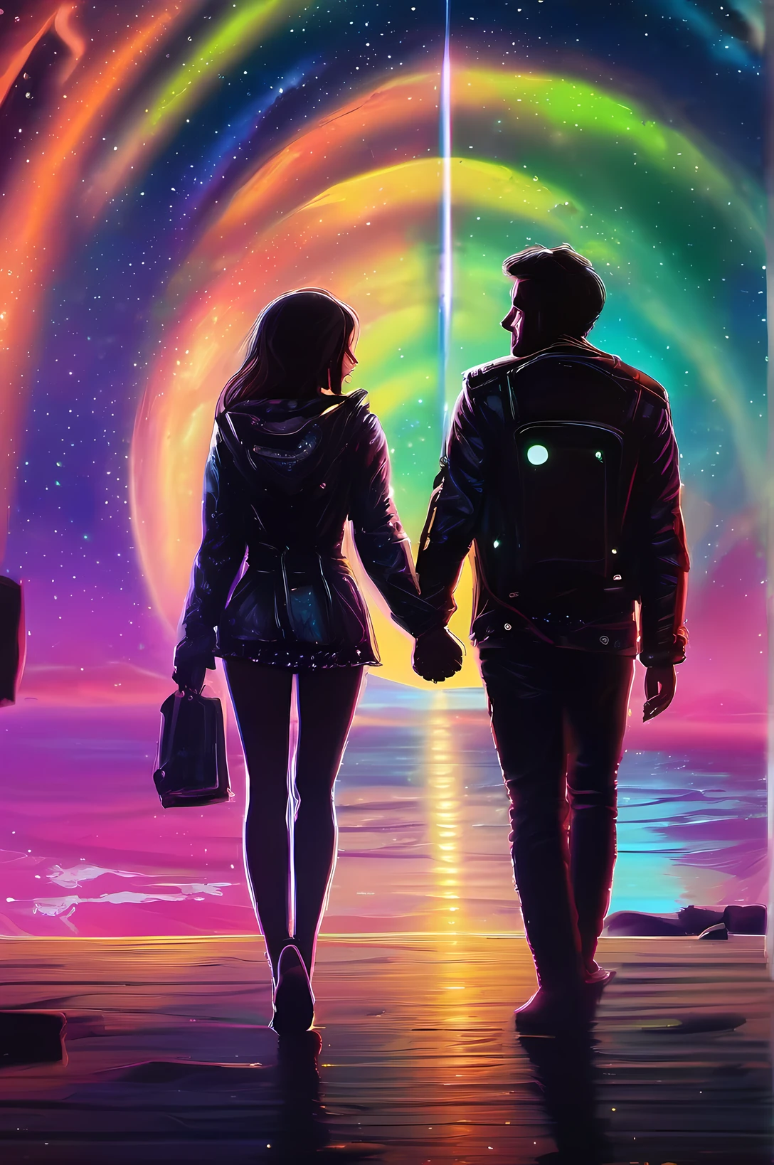 space, milky way, galaxy, stars, happy couple, holding hands, fantasy art