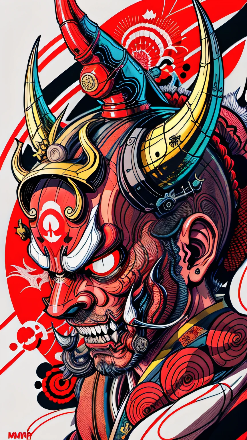 Hannya mask style of 0mib, illustrator, masterpiece, high quality, 8k, high resolution, high detailed, Japanese, samurai