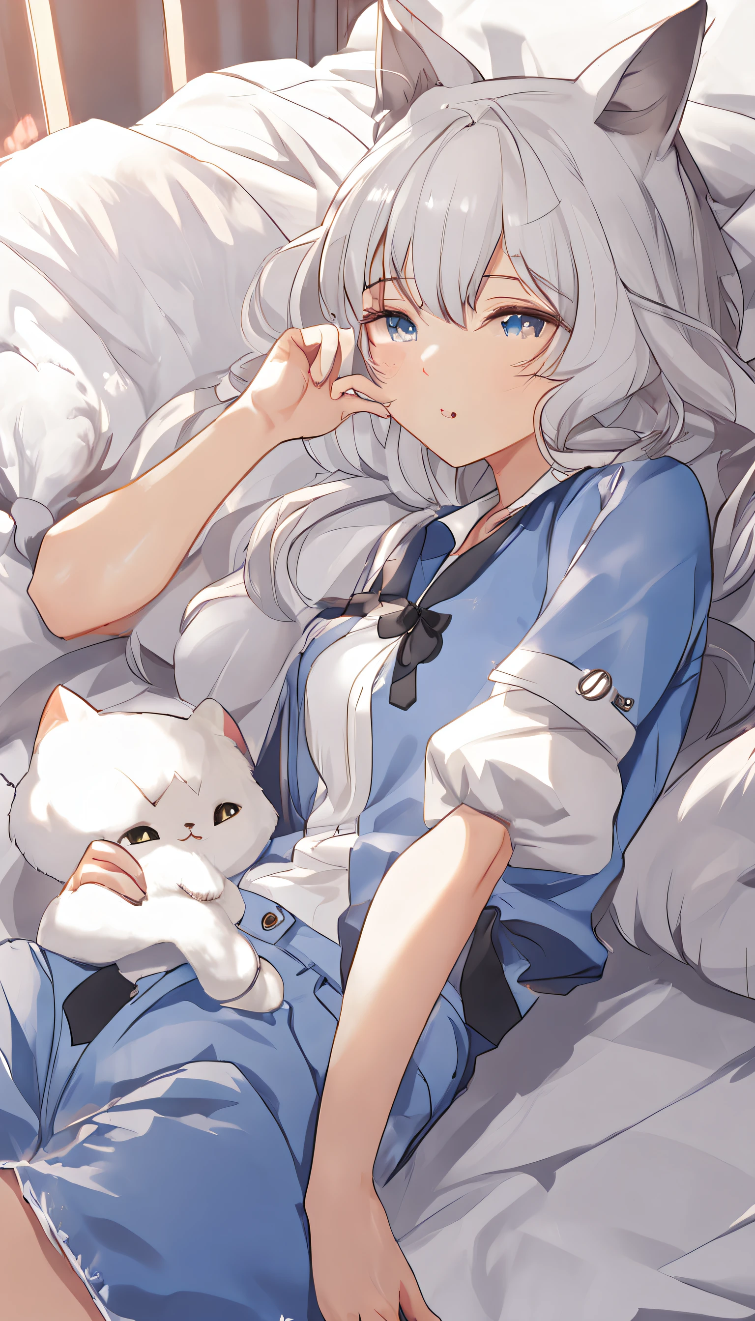 Anime girl lying on bed,Cat ears and blue shirt, cute anime catgirl, White Cat Girl, anime catgirl, beautiful anime catgirl, Cat woman, Attractive cat girl, seductive anime girls, Cat girl, Very beautiful anime cat girl, very beautiful cute catgirl, Anime moe art style, anime cat, White ( cat ) Girl