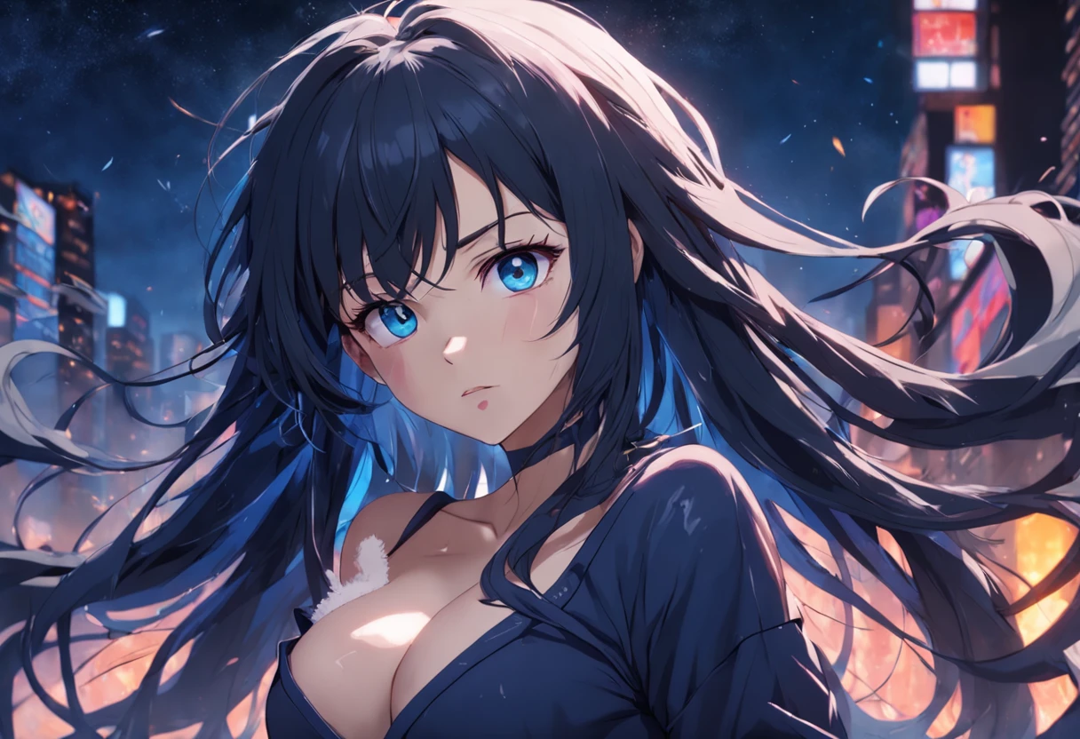 ((Masterpiece), best quality, HDR,UHD,8K), 1girl solo, mature, cute and sexy, perfect body, big breasts, long black hair, messy hair, bangs, perfect face, expressive eyes, dark blue eyes, virgin killer sweater, sideboob