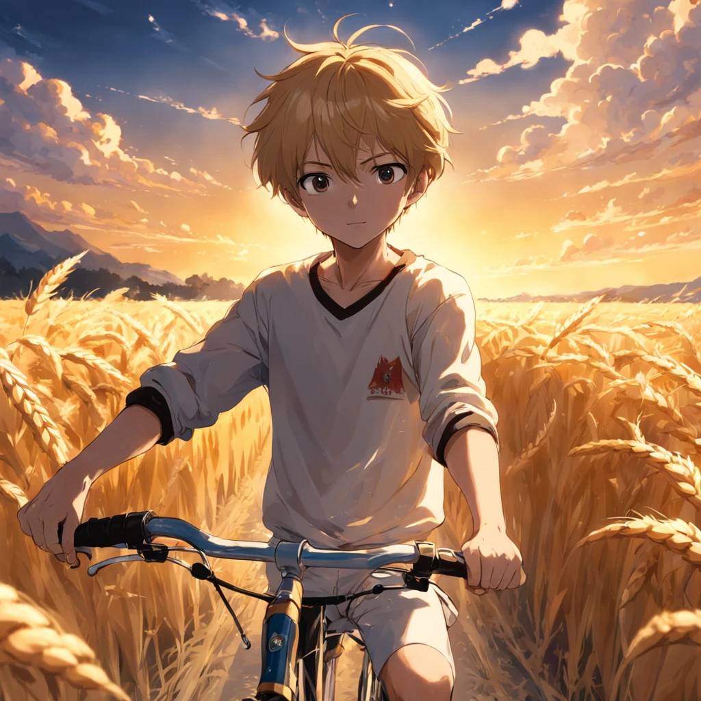 tmasterpiece，best qualtiy，cinematic Film still from，1boy，Riding a bicycle，Endless golden wheat fields，closeup cleavage，brightly，cheerfulness，Warm and soft lighting，the sunset