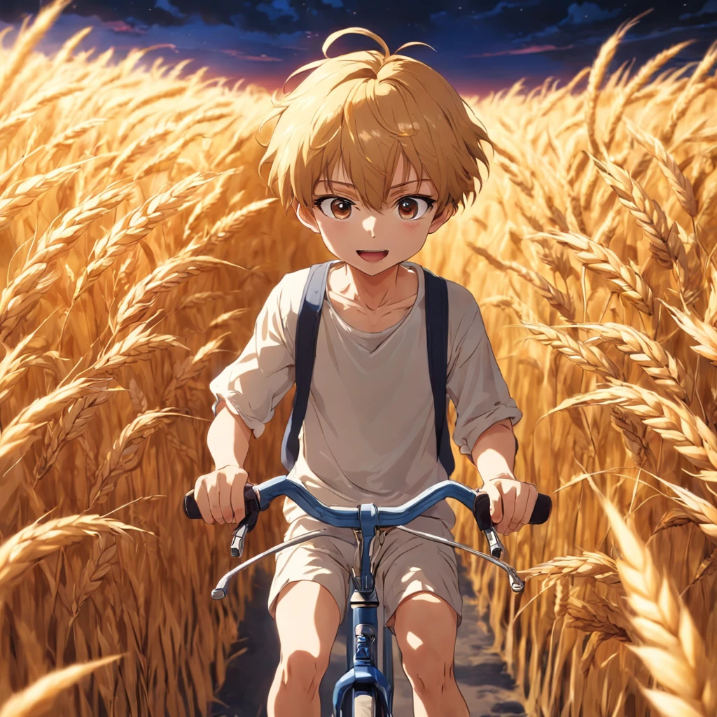 tmasterpiece,best qualtiy,cinematic Film still from,1boy,Riding a bicycle,Endless golden wheat fields,closeup cleavage,brightly,cheerfulness,Warm and soft lighting,the sunset