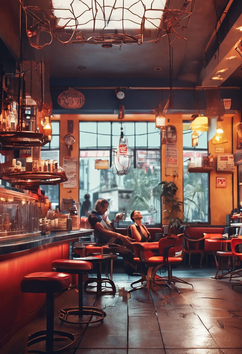 an iron man sitting drinking water, cafe shop, sunshine, cyberpunk