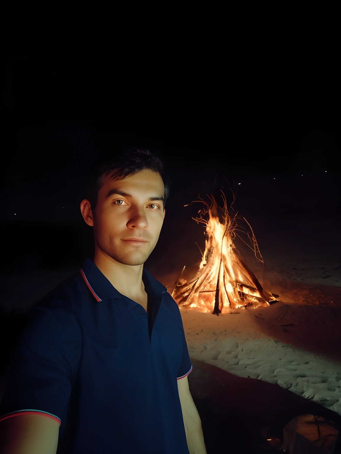 arafed man standing in front of a campfire at night, in front of burning desert, at a campfire at night, campfire in background, during night, fire in background, fire behind him, with fire, with glowing lights at night, sitting on the beach at night, shot on nikon z9, fire in the background, taken with sony alpha 9