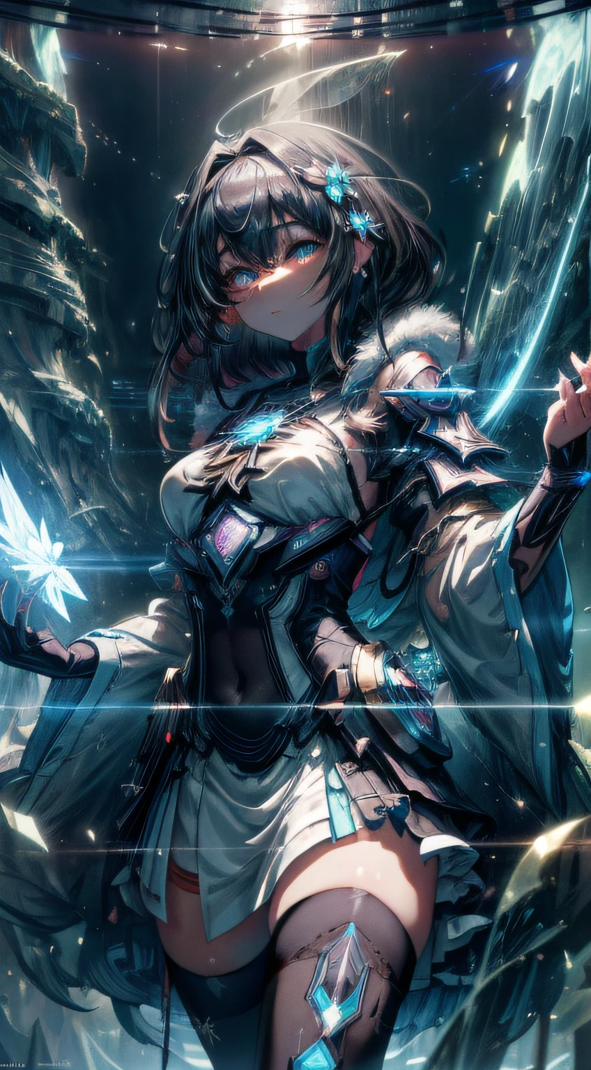 Cyan futuristic fairy tale priestess girl wearing overalls armor suit (((Skirt))) (((Robe))) Necklace with relic pendant, (Layered robes), magic, ((rae)), futurism, Cyberpunk, Silk, fur, (Stockings), Natural breasts, Slim body, zettai ryouiki, ((((Medium length dull hair)))), Dull hair, (Beautiful, delicate and bright eyes), Portrait, (Beautiful and aesthetic:1.2, Fractal art:1.4), most realistic, Hyper-realistic, primitive, Highest quality, Best quality, Detailed, Realistic, 4k highly detailed digital art, rendering by octane, Bio-luminescence, (Cool_Color), best pixels, 8K Ultra, Extremely detailed Cg Unity 8K wallpaper, Cinematic lighting
