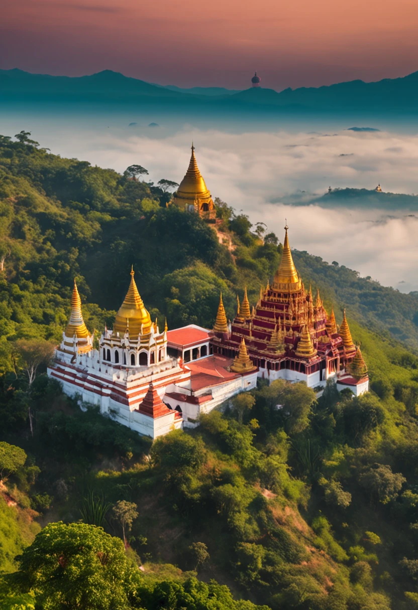 Landscape of Myanmar, White tower and monastery on the hill, intricate image
