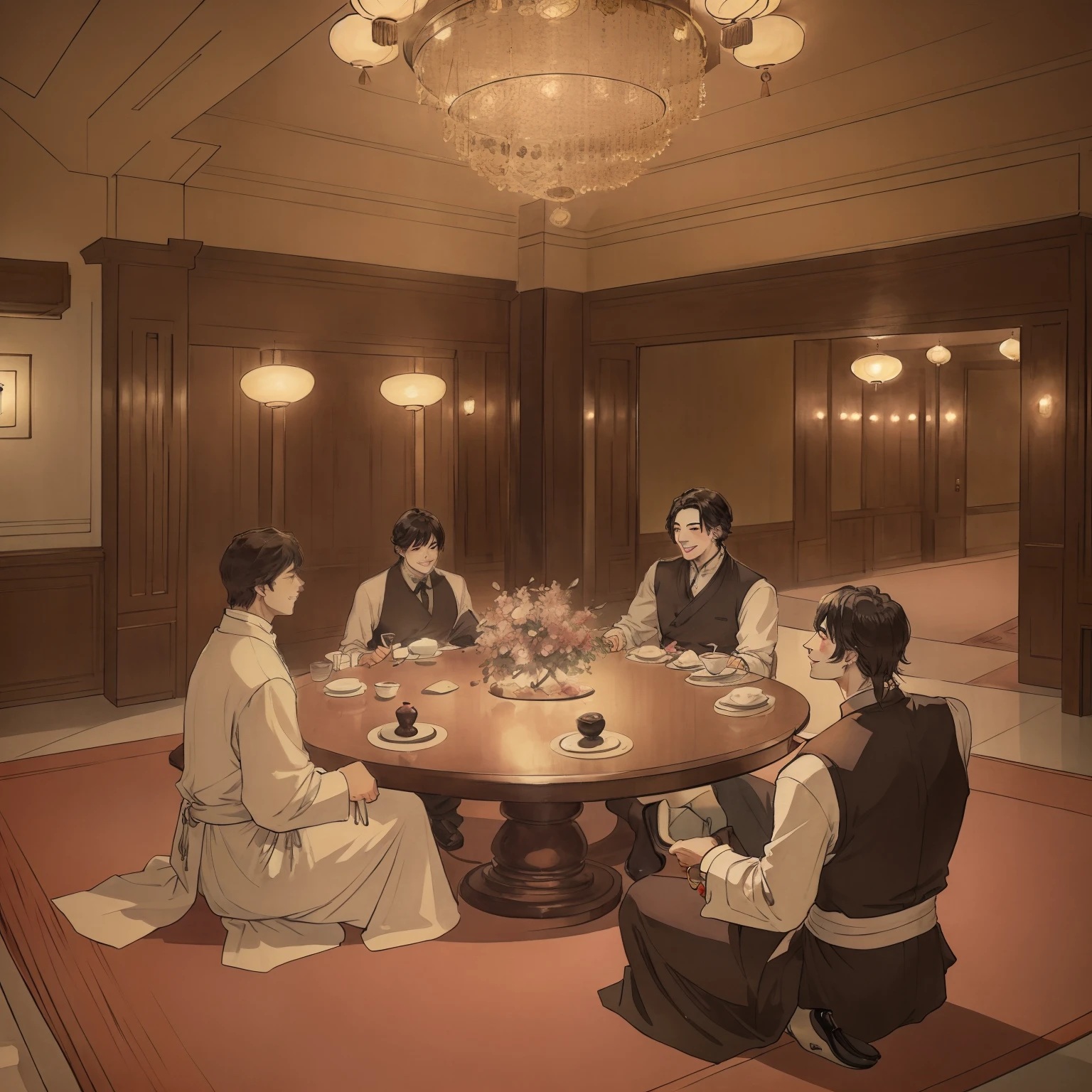 Affluent villa area，Inside a spacious and luxurious restaurant。Soft lighting reflects the exquisite décor and high-class dining atmosphere。On the table are exquisite dishes，The aroma is fragrant。On the round table in the center of the hall，There is a personable man、A rich man with an extraordinary temperament，He smiled and talked to a young man。
