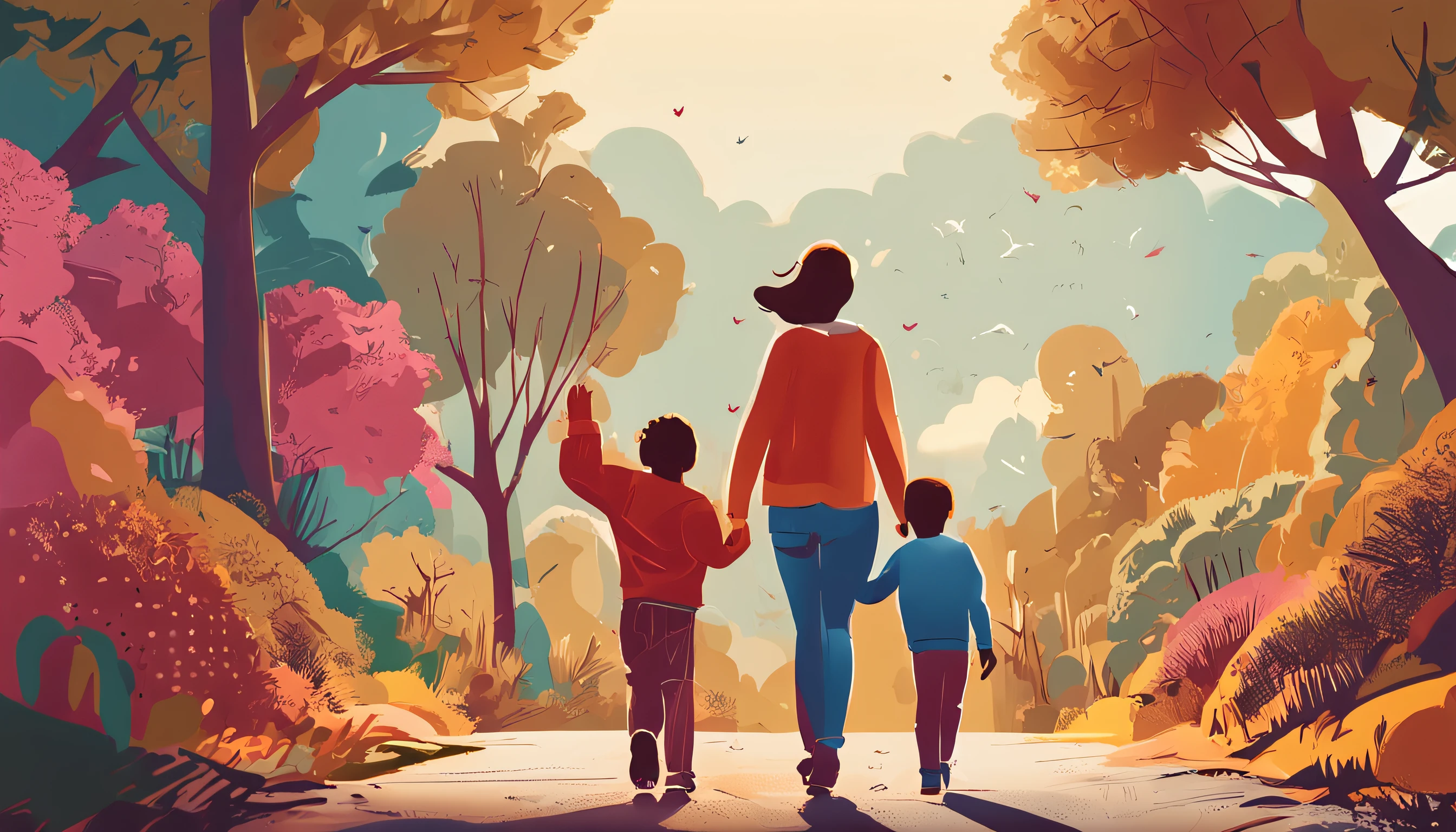 A detailed ilustration best quality, parents and two childs hand on hand, they face to face happy, on the right of the road, with tree around, real photo, family near camera