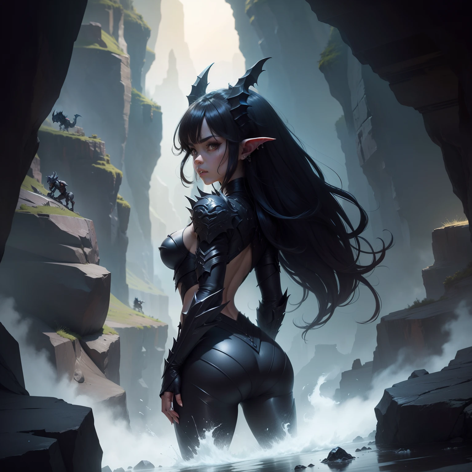Goblin turned into a black dragon in the canyon battle beautiful girl brave