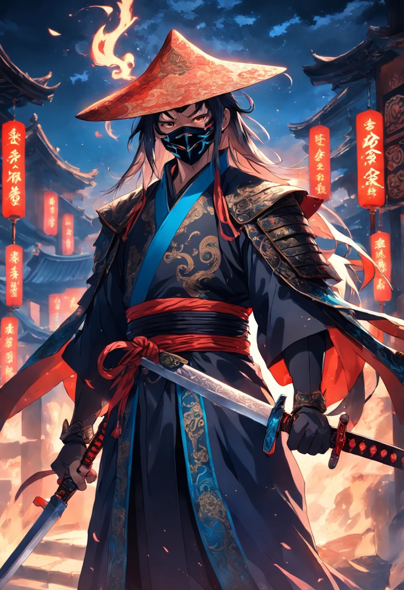 A masked brocade man wearing a hat,Holding a glowing sword,China-style