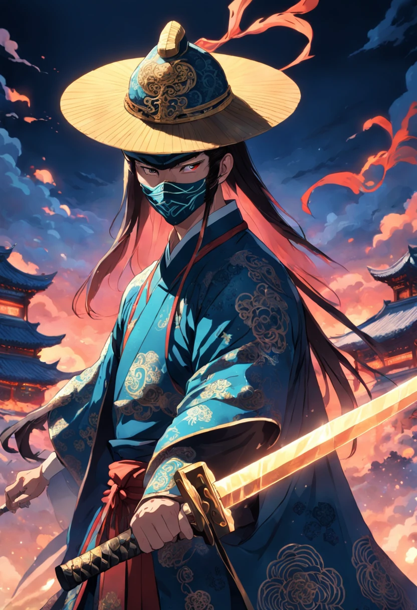 A masked brocade man wearing a hat,Holding a glowing sword,China-style