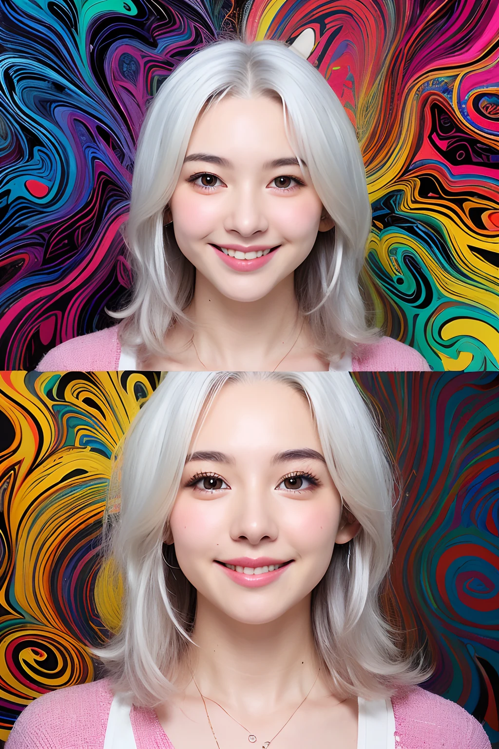 (extra detailed body、extra detailed face、best qualtiy:1.2)、femele、looking at the viewers、(White hair、sixteen years old、a smile、Big piercings、a necklace、hippy)、(Psychedelic wall on background:1.4)