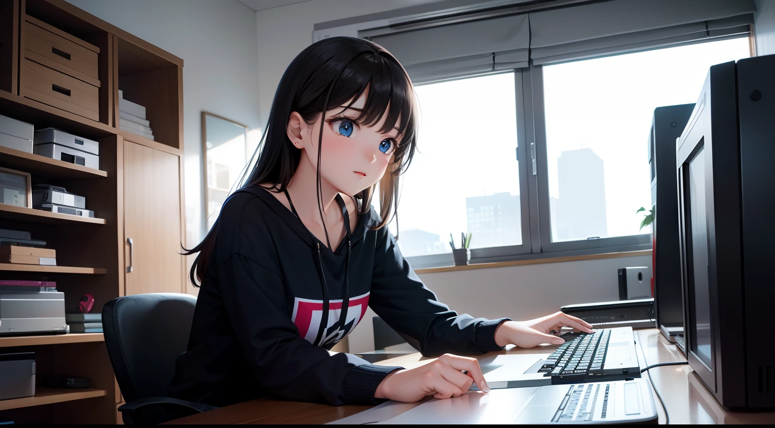 Girl assembling computer,Casual,earnestly