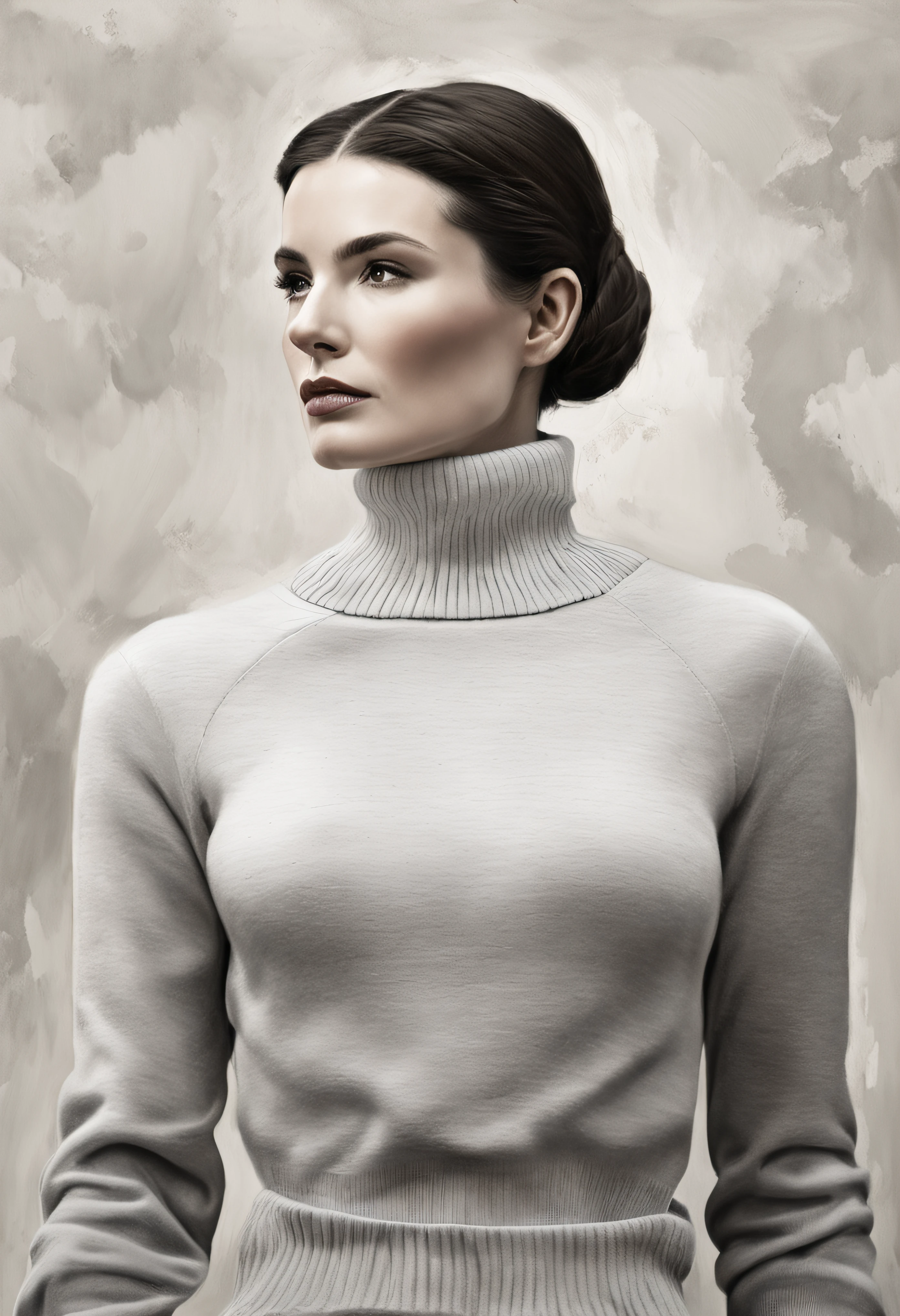 Black and white photo of a woman in a turtleneck sweater, Looks like Audrey Hepburn, inspired by Marina Abramović, Winona Ryder, maggie cheung, Beautiful Katrina Balfe, Sergio Burgi, Inspired by Olga Rozanova, Inspired by Clifford Ross, Silvia Dimitrova, Inspired by Katerina Tarabotti, Clifford Ross