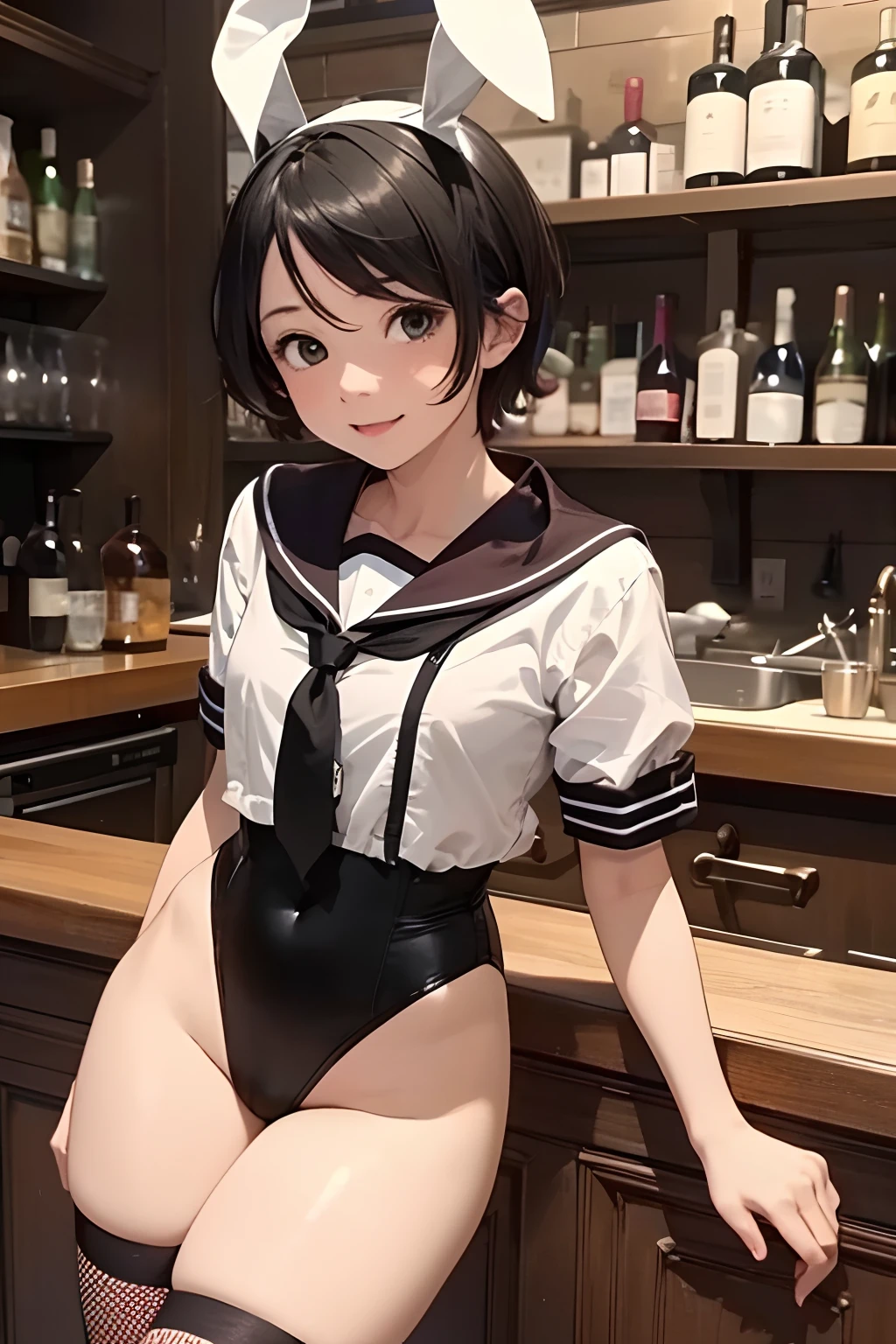 ((masterpiece,best quality)), highres, extremely detailed 8K wallpaper, depth_of_field, best shadow, (Colorful),(Delicate eyes and face), nice hand, Perfect hands, volumatic light, Ray tracing, BREAK
(1girl in), mogami \(kancolle\), black hair, short hair, black eyes / green eyes, swept bangs, small breasts, slender, skinny, open mouth, smile, blush, BREAK,
(wear white school uniform top over black playboy_bunny leotard:1.3), (sailor collar:1.5), (red tie:1.3), (white fake animal ears), (Parted clothes at the top and bottom:1.2), (short sleeves:1.1), (black BunnyGirl Costume:0.8), (fishnet stockings:1.2), High heels, (rabbit_tail:1.2), BREAK,
Cowboy Shots, Looking at Viewer, stomach focus, inside the bar, Ultra detailed backgrounds,